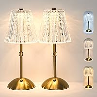 Gkeiten 2-Pack Cordless Rechargeable Touch Table Lamps - 3600mAh Battery, 3 Color Dimmable Crystal Vintage Gold Lamps for Bedroom Kitchen Decor