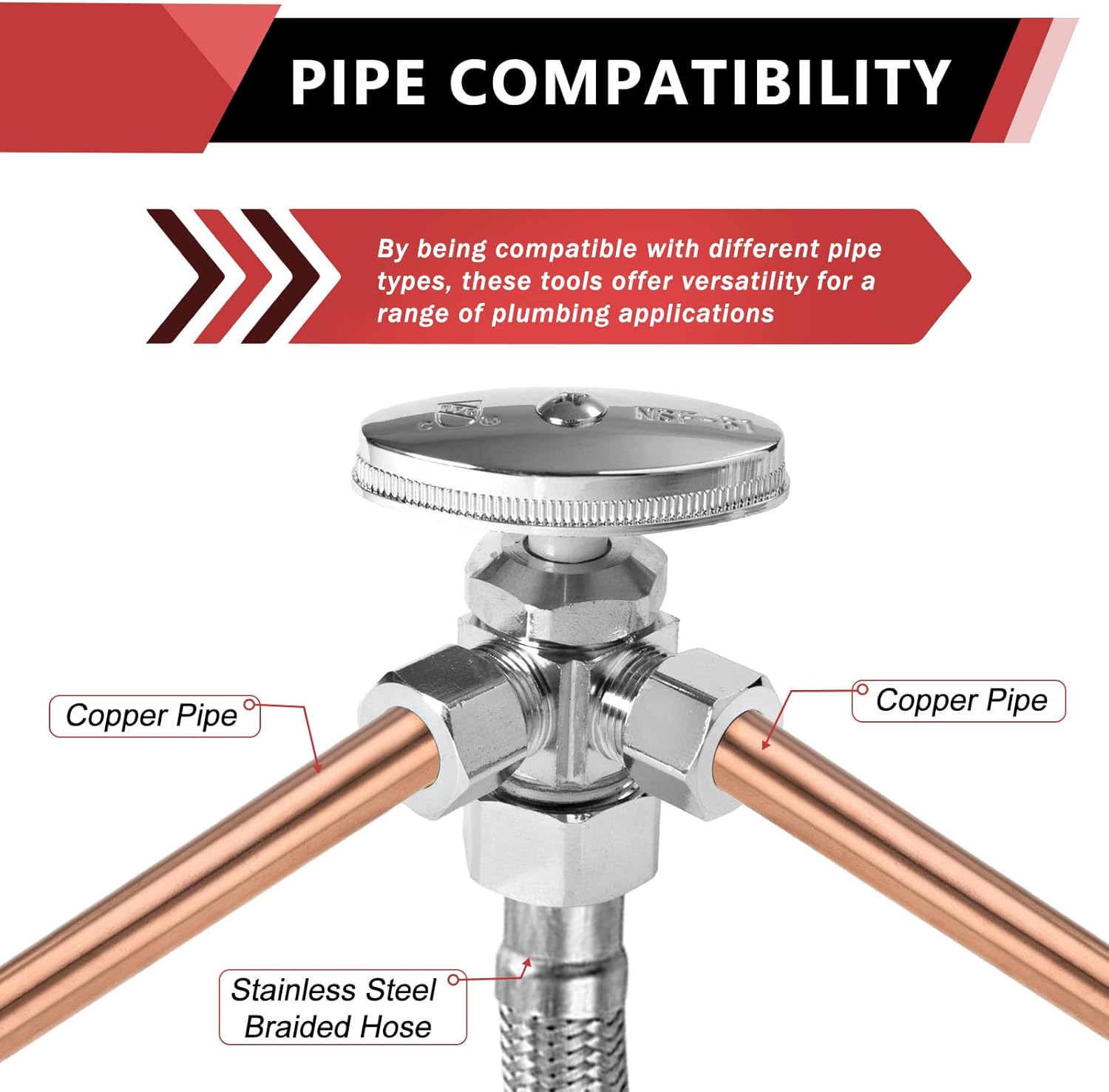 (Pack of 10) EFIELD Dual Compression Outlet Angle Stop Valve, Multi-Turn, 1/2" NOM (5/8" OD x 3/8" x 3/8") Chrome Plated,(VALVE060-10PCS)