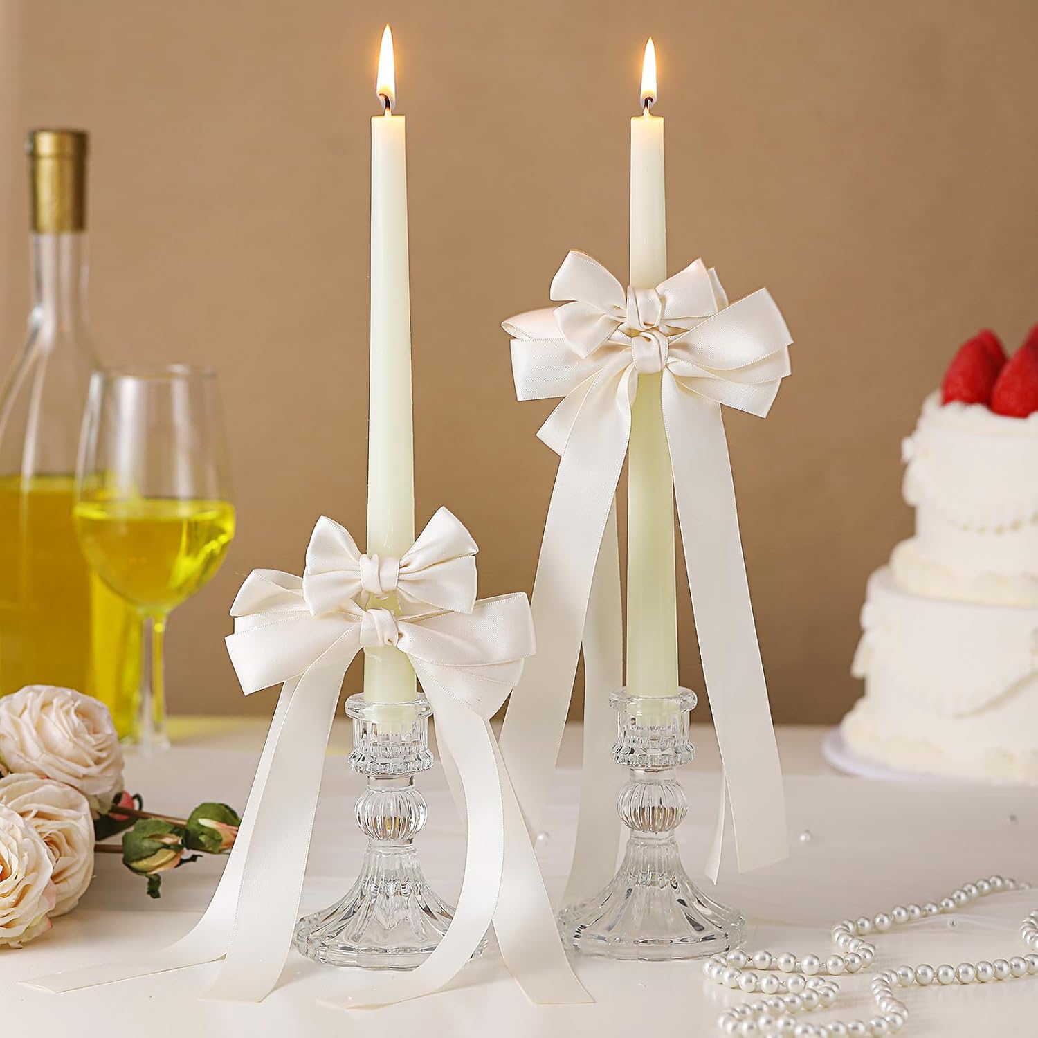 2 Set Coquette Bow Candles with Glass Candlestick Holders 10 Inch Smokeless Unscented Candle Bow Theme Decorations for Coquette Bachelorette Bridal Wedding Party(Ivory White)