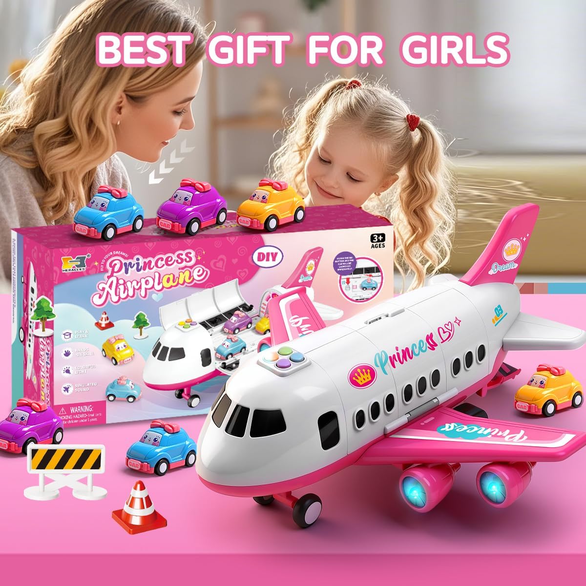 Pink Airplane Toy with Princess Cars and Play Mat,Plane with Lights and Sounds for 2 3 4 5 6 7 Year Old Toddler Girls,Birthday Gift Idea for Kids