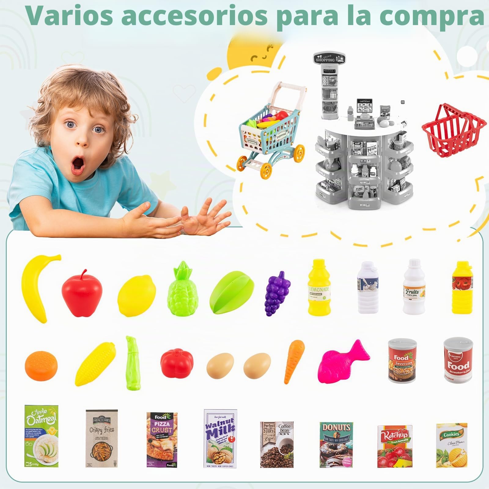 RELAX4LIFE Supermercado Juguete Infantil con Luz, Sonido, Carrito Compra, Cesta y 29 Accesorios, Caja Registradora Juguetes con Escáner, Supermercado de Madera para Niños de 3+ Años (Multicolor)