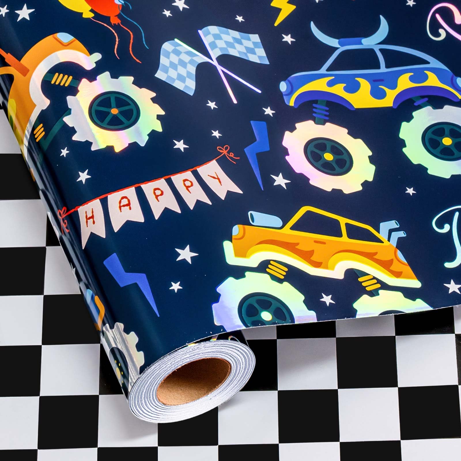 Wikadlik Birthday Wrapping Paper Roll - Colorful Car Themed Black White Checkered Design Gift Wrap Paper for Kids Boy, Car Lover, Fathers Day - 43cm x 10m — image 1