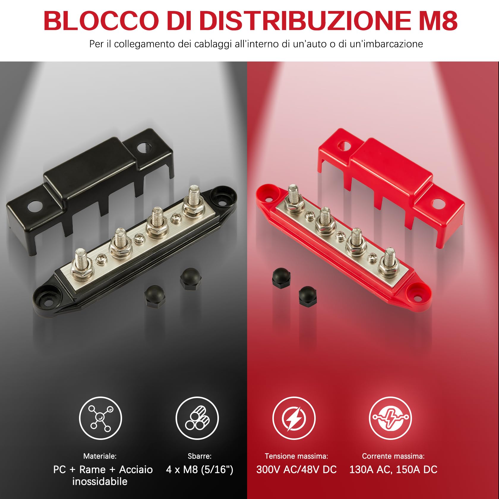 Pindex Blocco di Distribuzione M8, 250 AMP DC 12-48 V, 4 Bulloni M8, Barra di Raccolta 12 V, Rosso e Nero, Per Camper, Navi, Yacht, Auto, Camion