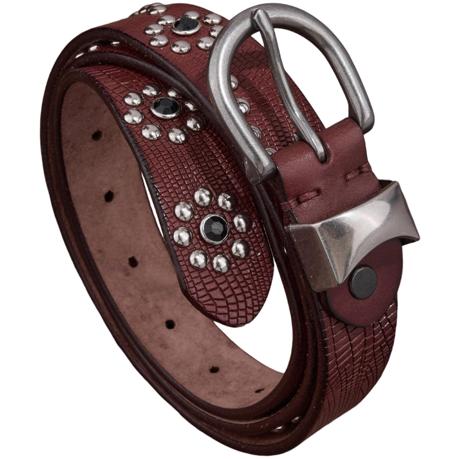 AGUTALITHIC Rhinestones Round Rivets in Floral Arrangement Studded Belt – Punk Rock Crocodile Pattern Embossed Leather Strap(95cm/37, Reddish Brown)
