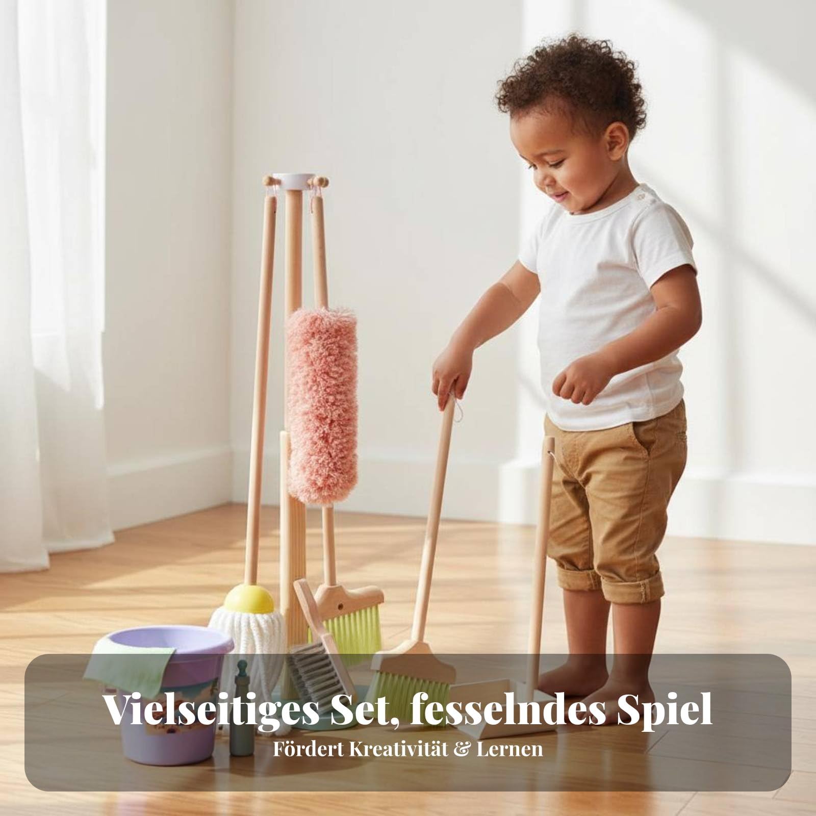 Carrello Pulizia Bambini con Scopa Paletta Spazzola Set Giocattolo in Legno Perfetto per Gioco Educativo Sviluppo Abilità Coordinazione Adatto a Casa Asilo Regalo Bambini