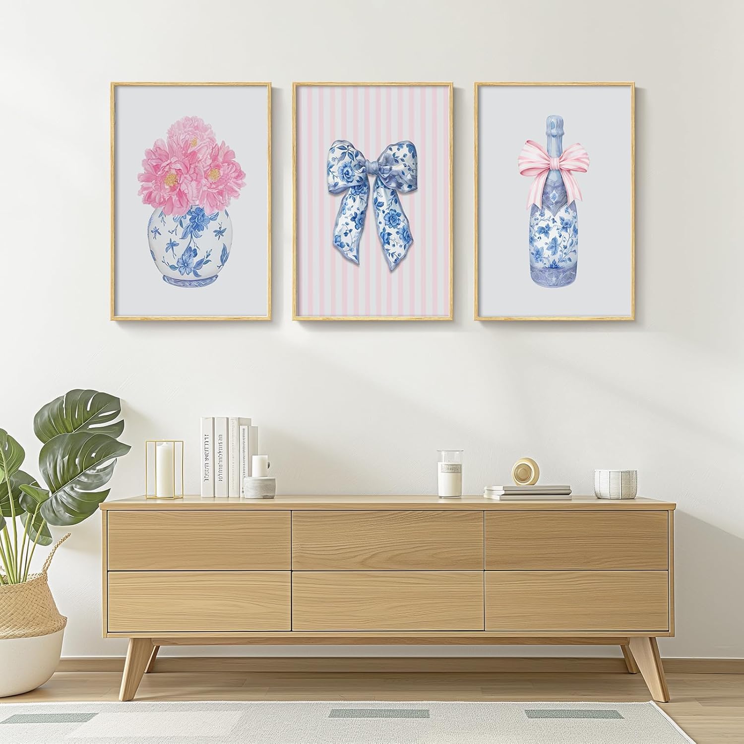 3 Piece Blue Pink White Chinoiserie Flower Canvas Wall Art Prints Set Preppy Bow Poster Blue Pattern Wine Bottle Bow Wall Decor Watercolor Trendy Aesthetic Painting for Girly Room 12x16 Inch Unframed