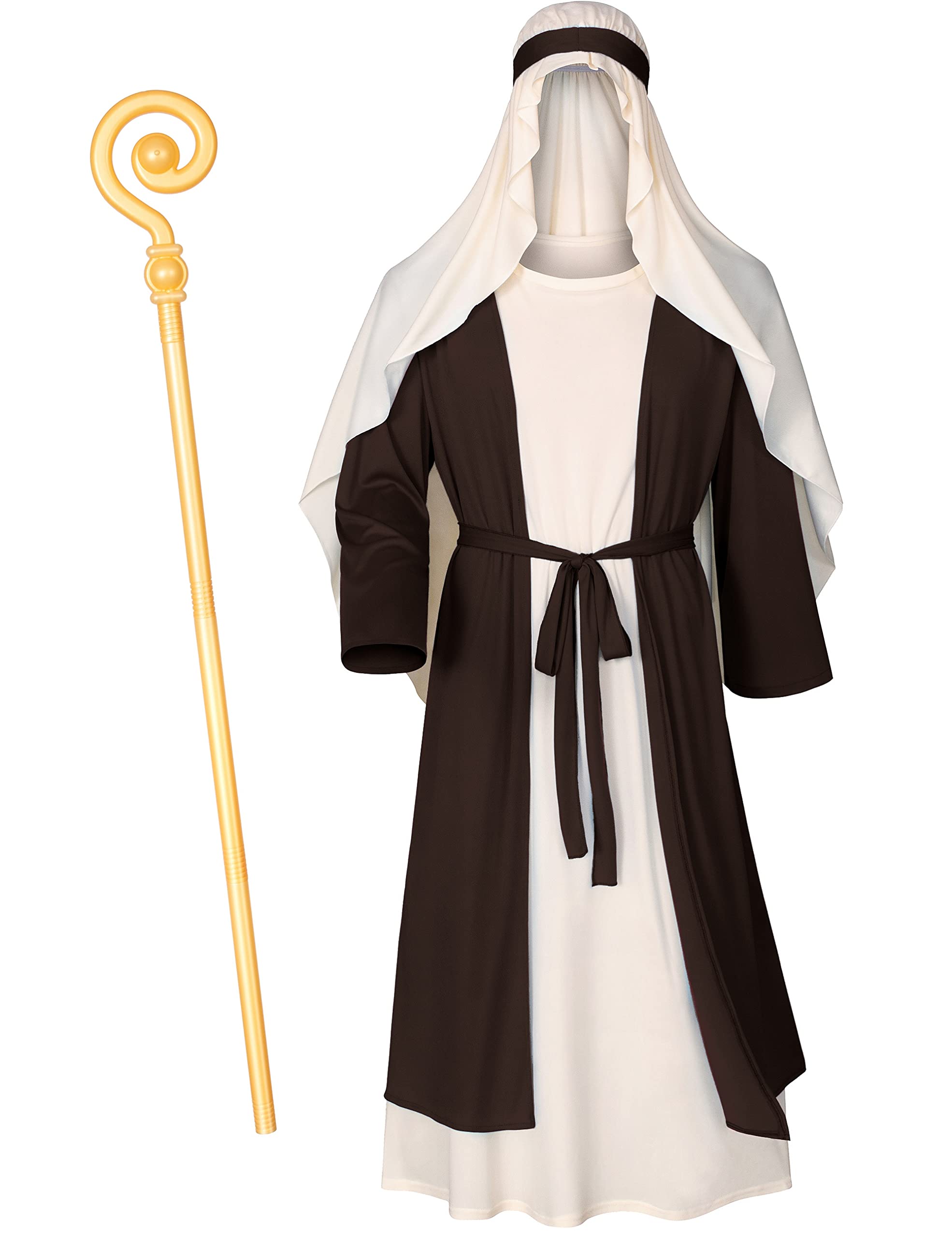 IrtyshMens Biblical Saint Joseph Costume Jesus Robe Sherherd Costume Staffs Headwrap Hat Waist Rope Set