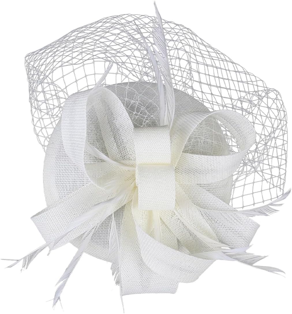 Holibanna Mesh Veil Headband with Plumage Flowers, Tea Party Style Hat for Women, Banquet Headdress Hair Clip in Light Cream, Special Occasion Accessory