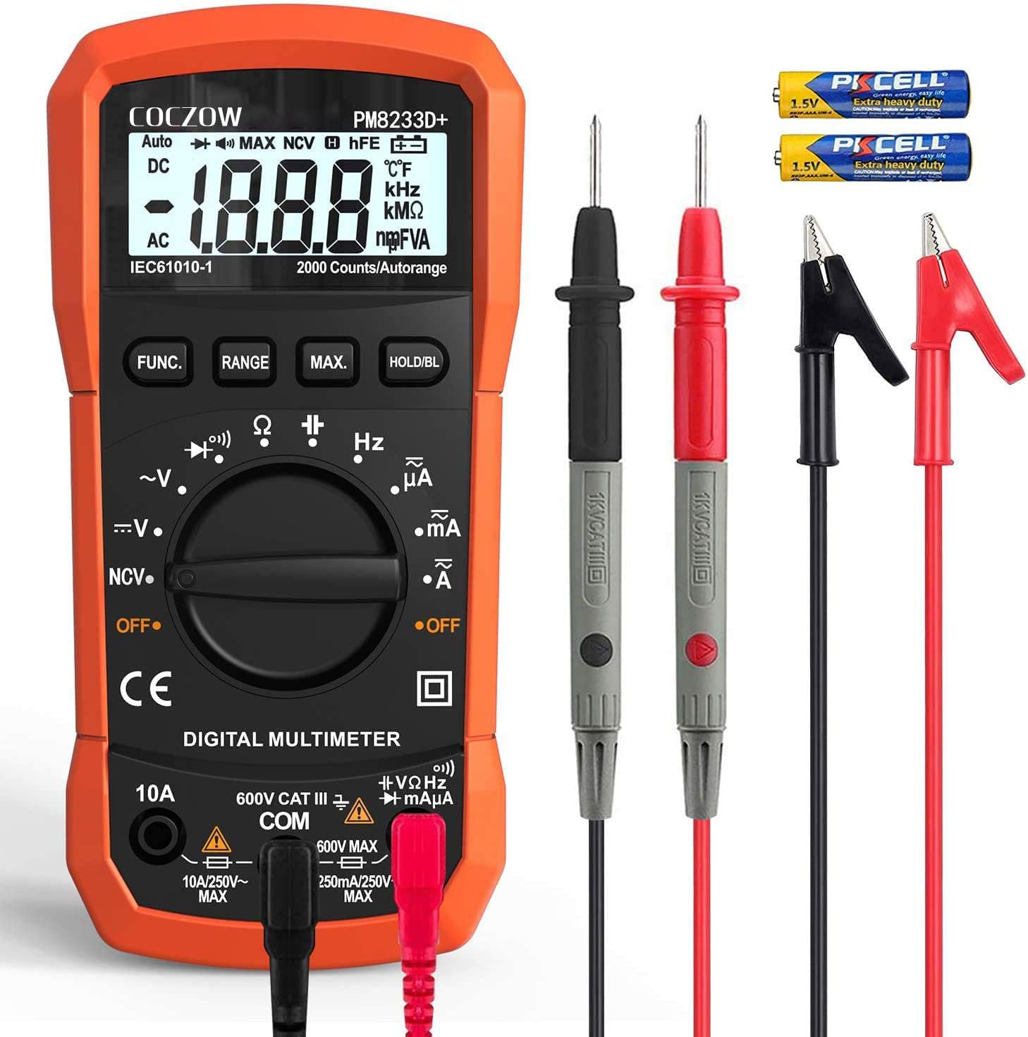 Auto Range Digital Multimeter, AC/DC Amp-Ohm Voltage Tester, Multifunction Tester with Resistance, Continuity, Capacitance, Frequency and Diode Tests, Data Hold and NCV Tests