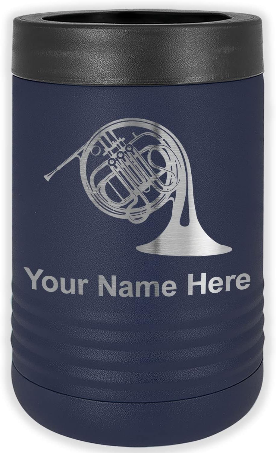 LaserGram Personalized 12 oz. Stainless Steel Can & Bottle Insulator, French Horn – Keeps Drinks Cold Longer (Dark Purple)