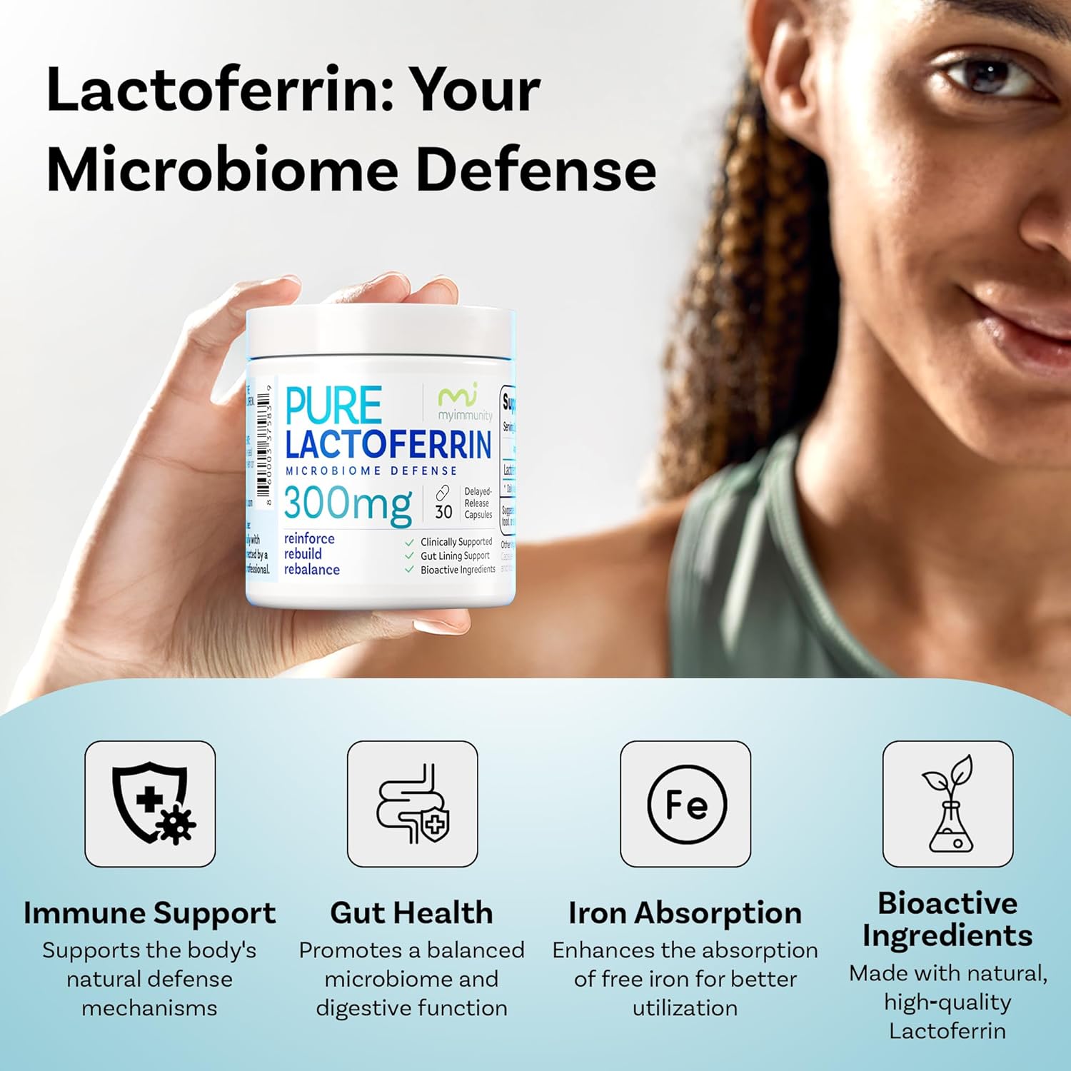 Pure Lactoferrin Microbiome Defense - 300mg Delayed Release Capsules, Non-GMO, Iron Absorption & Immune System Support, Lactoferrin Supplements for Adults, Gluten-Free (30 Capsules)