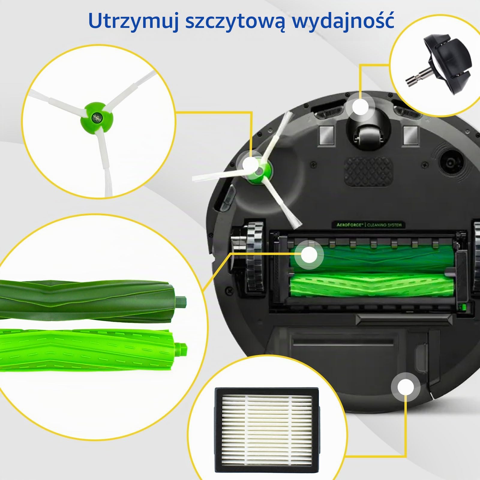 Części zamienne do iRobot Roomba i/E Series i1 i1+ i2 i2+ i3 i3+ i4 i4+ i5 i5+ i6 i6+ i7 i7+ i8 i8+, e5/e6 – 1 szczotka główna, 5 zielonych szczotek bocznych, 5 filtrów, 1 przednie kółko