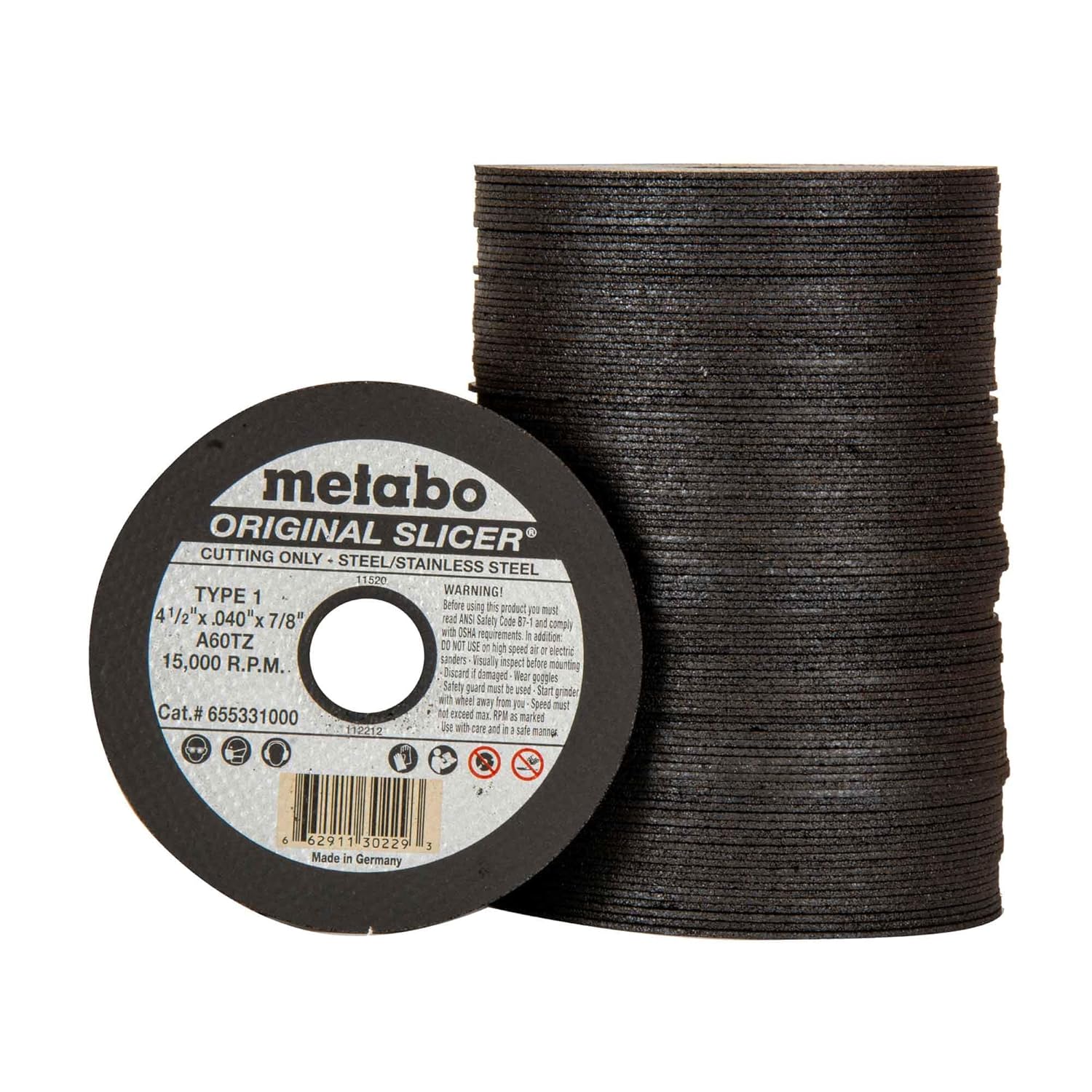 Metabo 655331000 100-PACK | 4-1/2-inch Original Slicer® Cutting Wheel | Type 1 | 4.5" x .040" x 7/8" | A60TZ | Aluminum Oxide | Very Fast & Flexible | Steel, Stainless Steel
