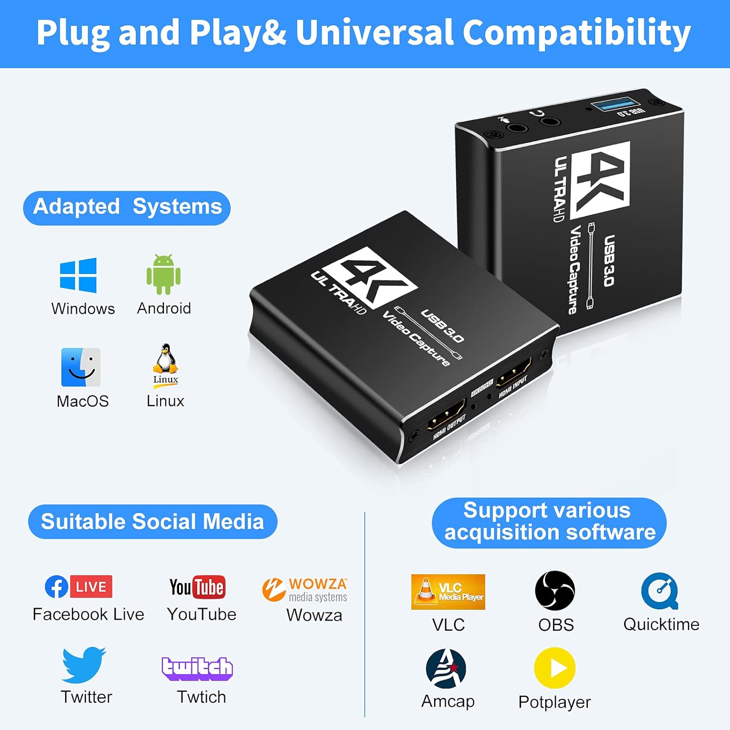 Capture Card 1080p60 or 4K Capture at 30 FPS, Audio Video Capture Cards Zero-Lag Passthrough USB 3.0 Broadcast Live, Record via DSLR, Camcorder Ultra High Speed for Streaming Recording Gaming : Electronics