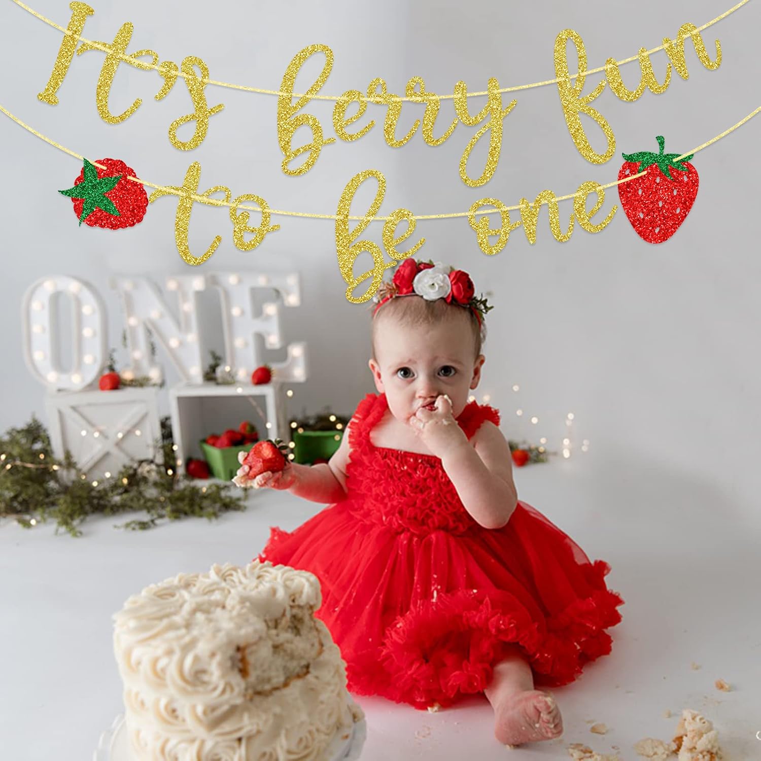It's Berry Fun to be One Banner, 1st Birthday Party Decoration Baby First Bday Sign Strawberry Photo Prop Glitter Pre-Strung Garland