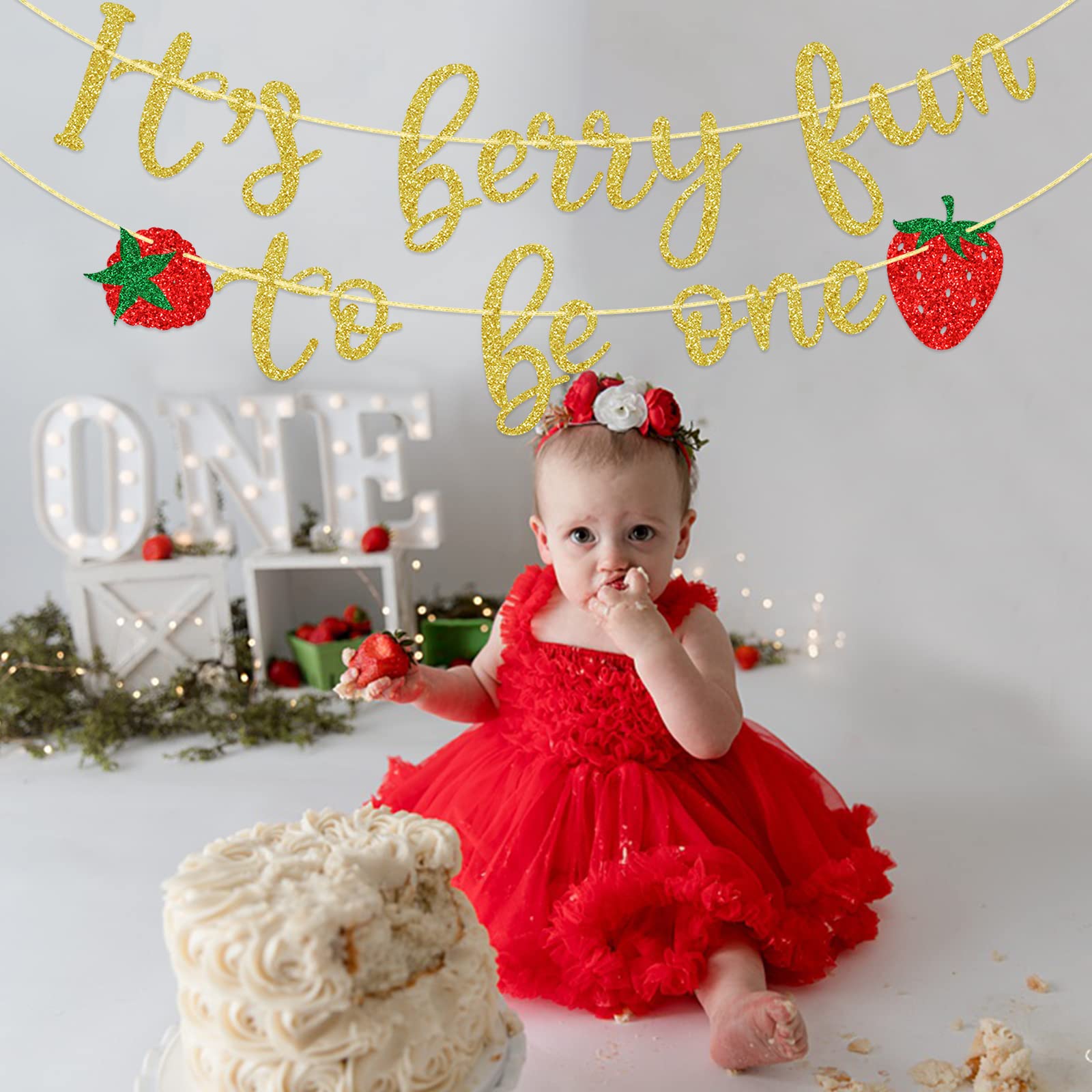 "It's Berry Fun To Be One" Banner – 1st Birthday Decor, Strawberry Theme, Glitter - View #8