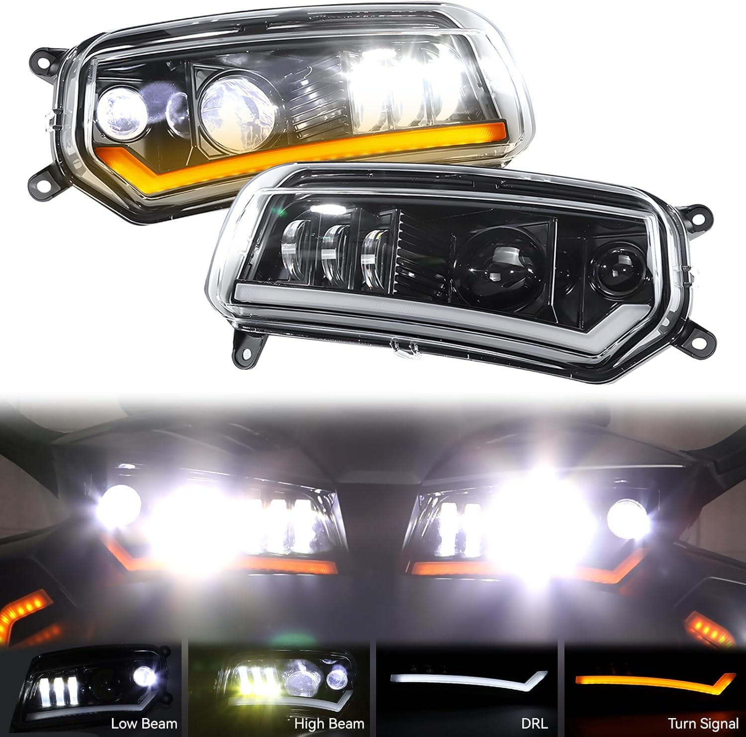 LED Headlight for Can-Am Spyder F3, 2PCS All in One Front Lights Integrated Head Lamps with DRL + High/Low Beam + Turn Signal Lights for Can Am Spyder F3/S All Models Accessories