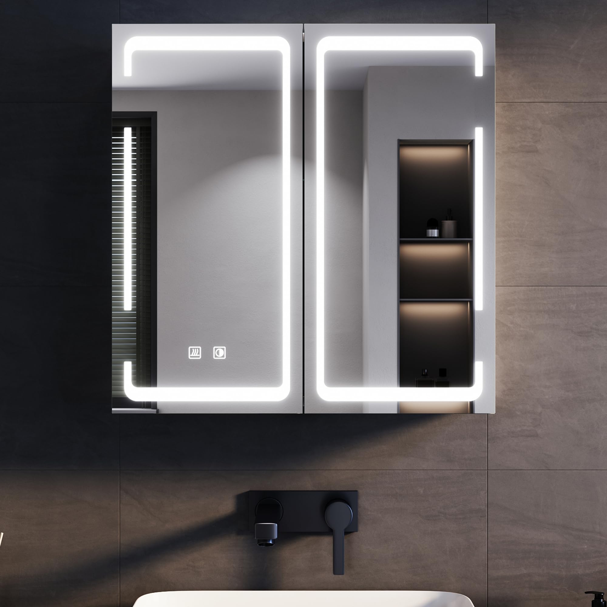 SONNI Szafka łazienkowa z lustrem LED, 60 x 59 cm, metalowa szafka z lustrem z dotykowym włącznikiem, 3 kolory światła + defogging, bezprzewodowy zawias, biała, łazienka, szafka medyczna