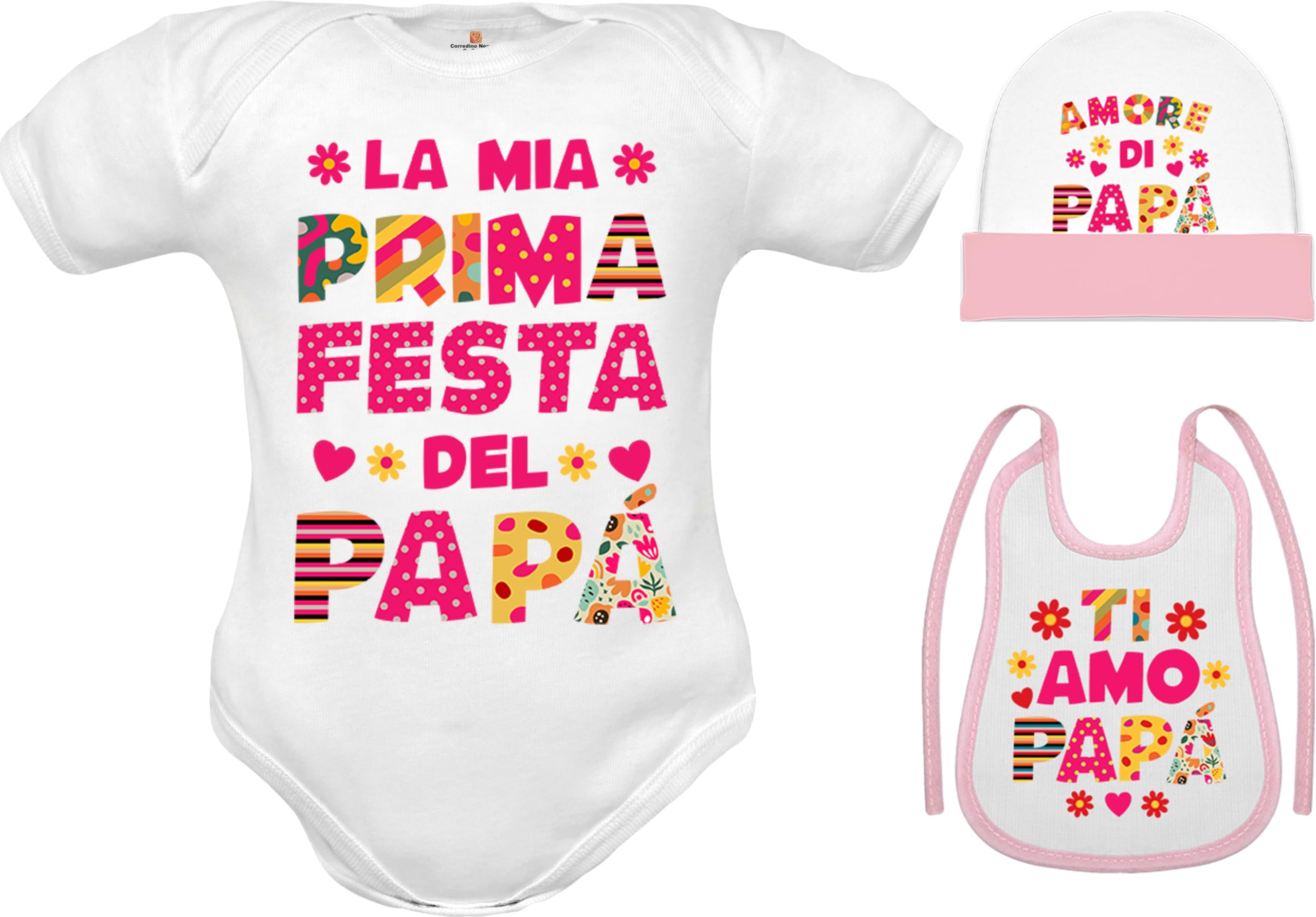 Corredino Neonato maschio e femmina idea regalo primo compleanno Papà e Mamma - Body neonato Cotone Maniche Corte, bavetta e cappello con frase dedica in Azzurro e Rosa