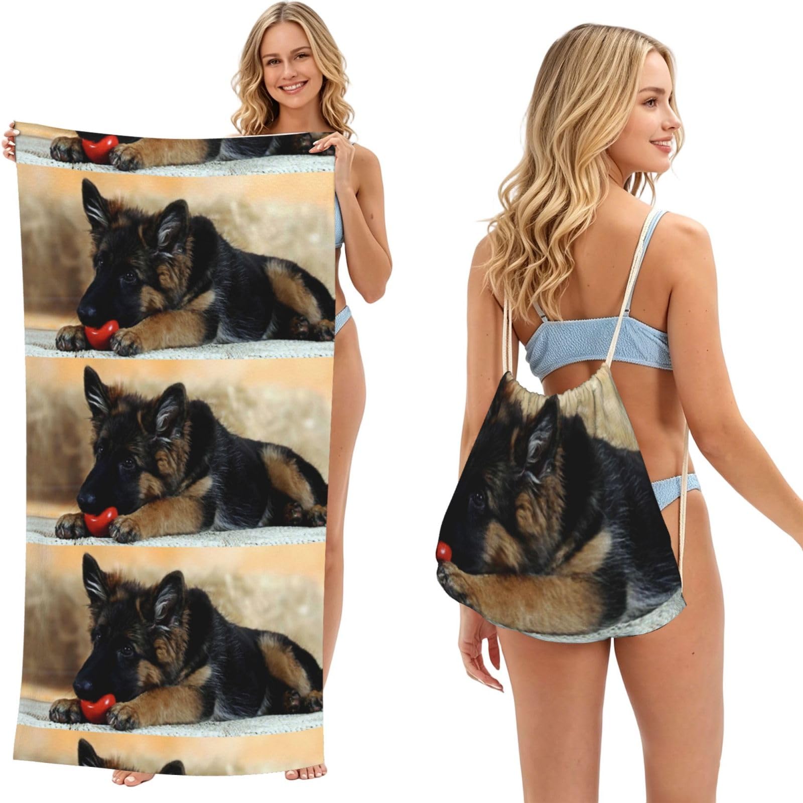 Poadnly As Picture German Shepherd, 2 In 1 Packable Towel Bag, Beach Towels With Drawstring Backpack For Travel Holiday Camping