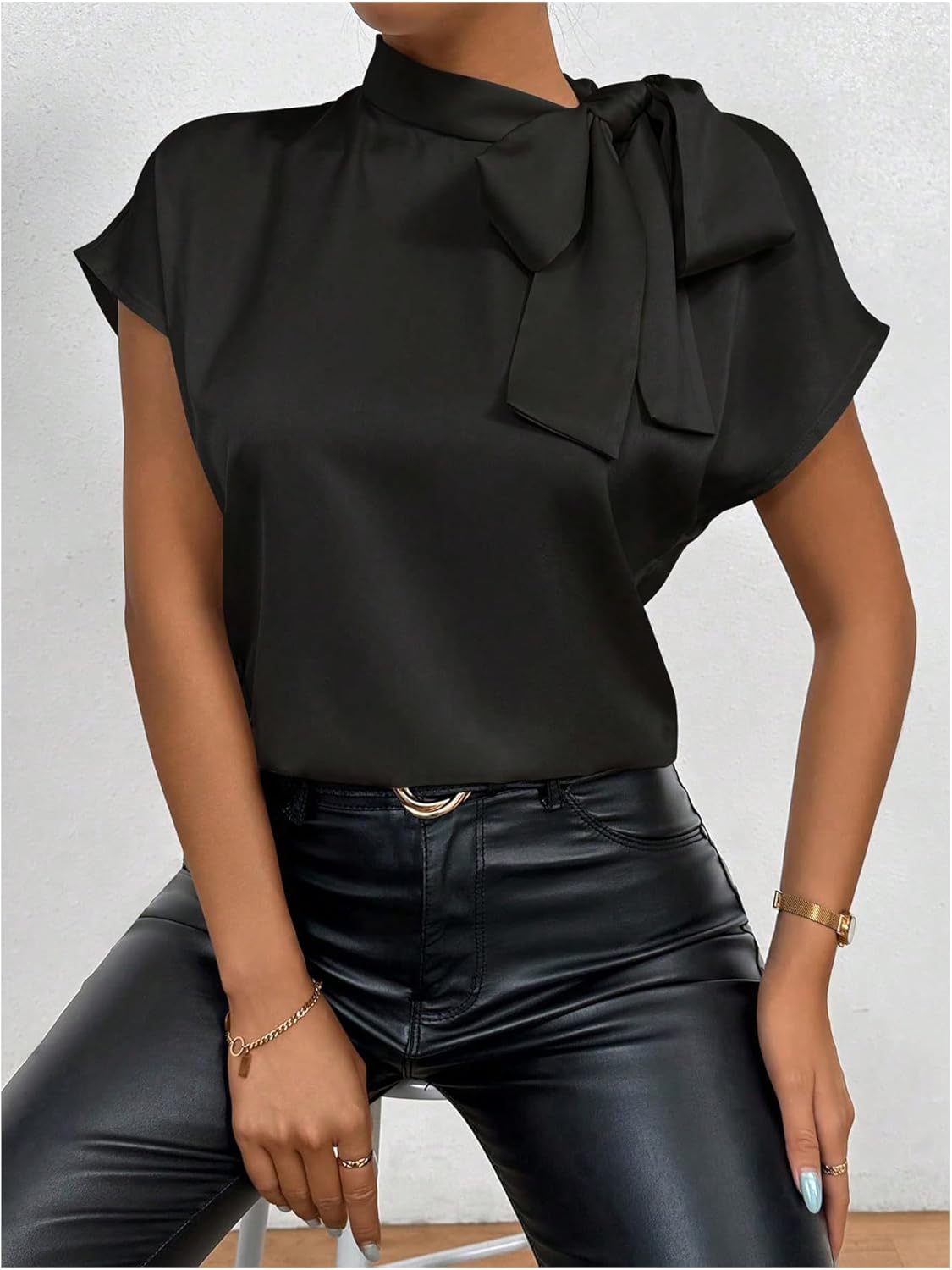 Milumia Women's Bow Tie Mock Neck Cap Sleeve Satin Blouse Office Shirts - Image 3