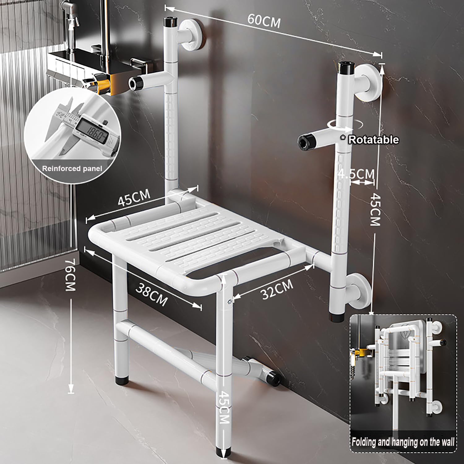 Asiento de Ducha Montado en la Pared,Silla de Ducha Plegable | Luminosa,Reposabrazos Giratorio,Panel Reforzado,Antideslizante,para Personas Mayores y Discapacitados,Soporta 300 kg