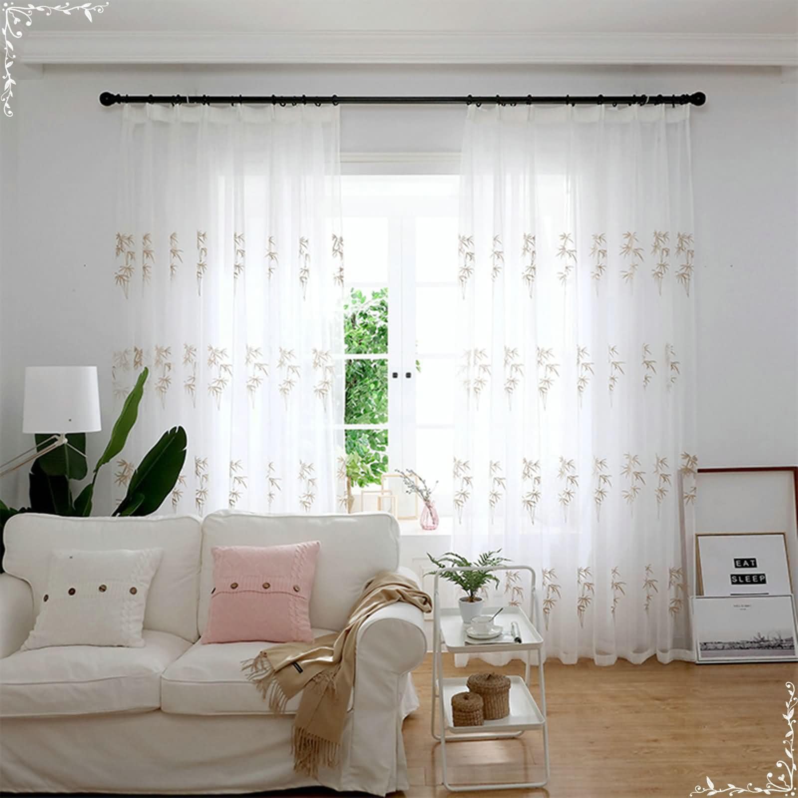 Rideau transparent à crochets brodé motif feuilles blanc kaki pour rideaux intérieurs