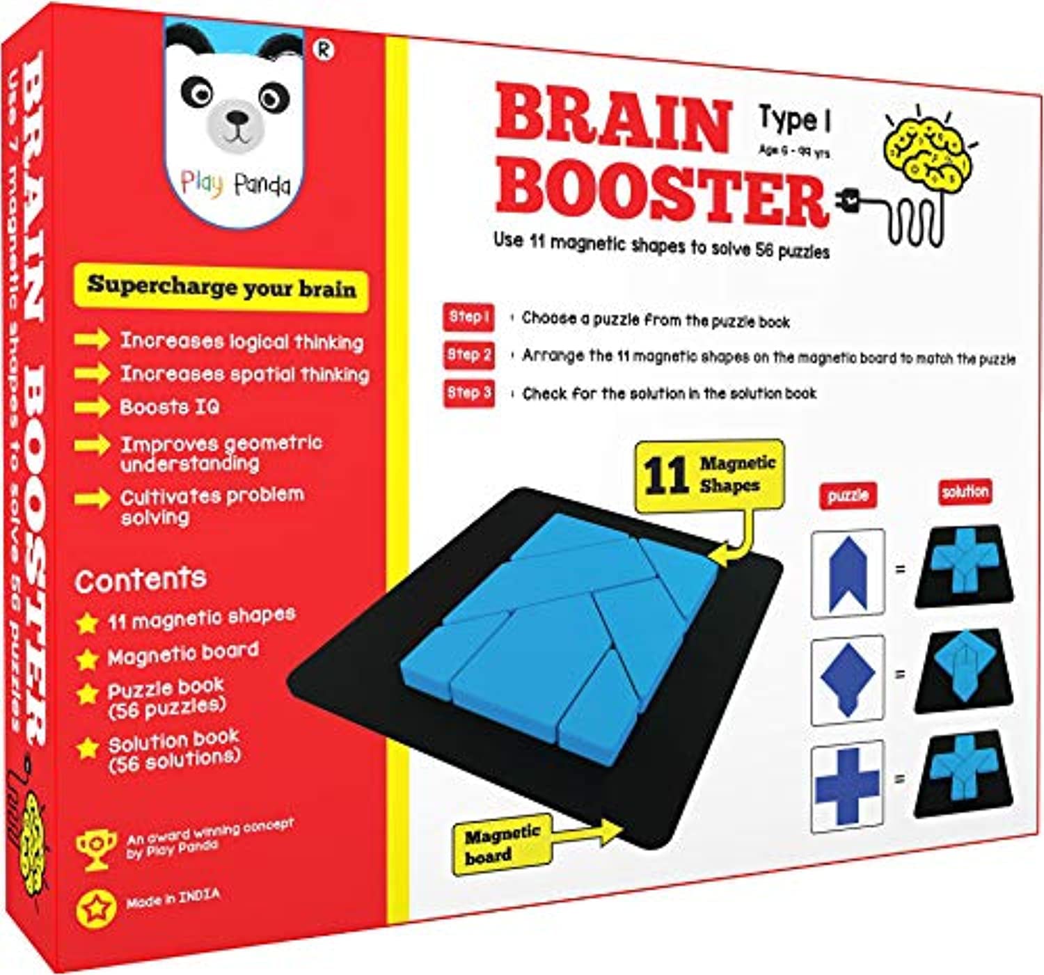 Brain Booster Type 1 (Senior) - 56 Puzzles Designed To Boost Intelligence - With Magnetic Shapes, Magnetic Board, Puzzle Book And Solution Book