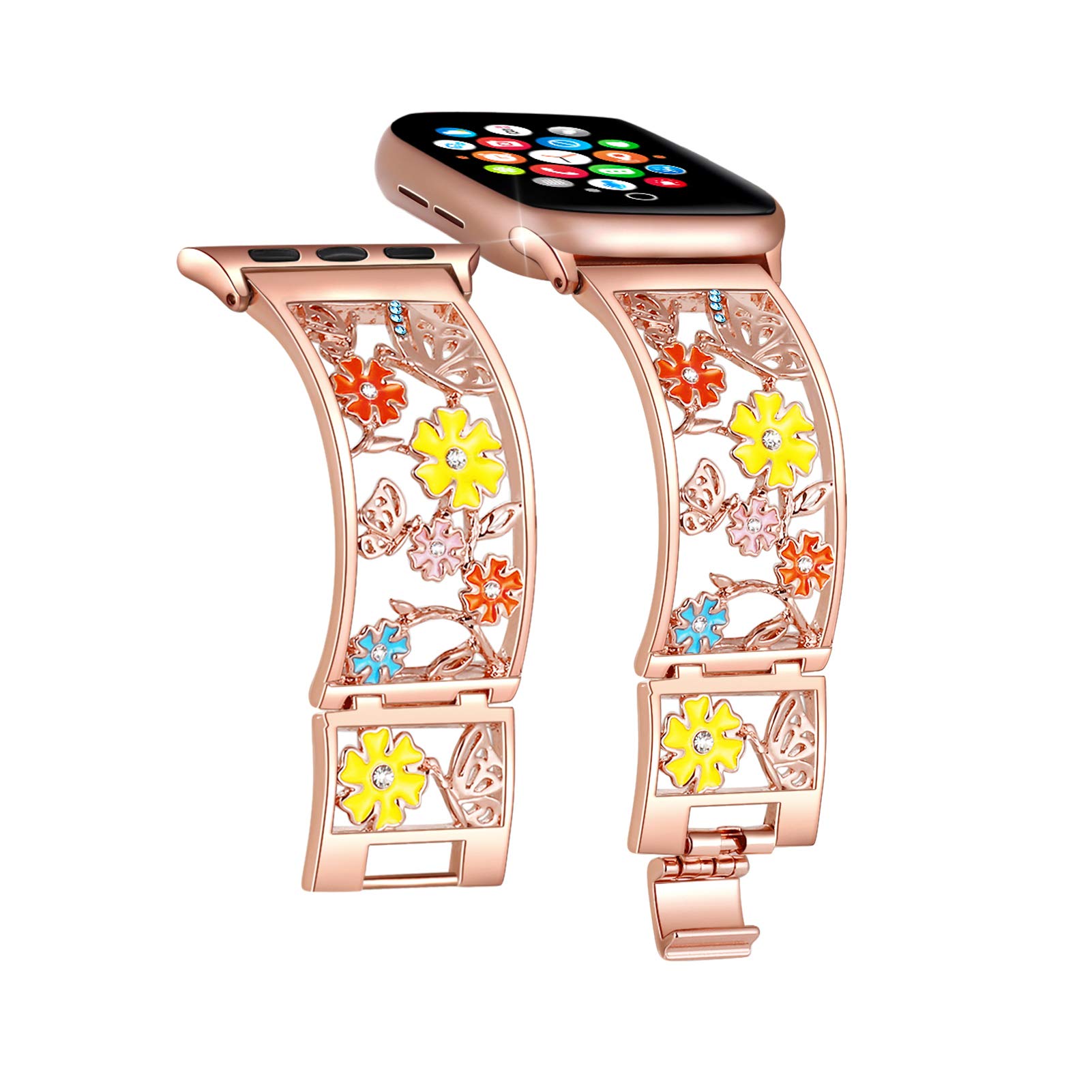 DuoanButterfly Bracelet Compatible with Apple Watch Band 38mm 40mm 42mm 44mm iWatch Bands Series 5 4 3, Bling Crystal Floral Strap Hollow Metal Cuff Dressy, Chic Womens Jewelry Wristband