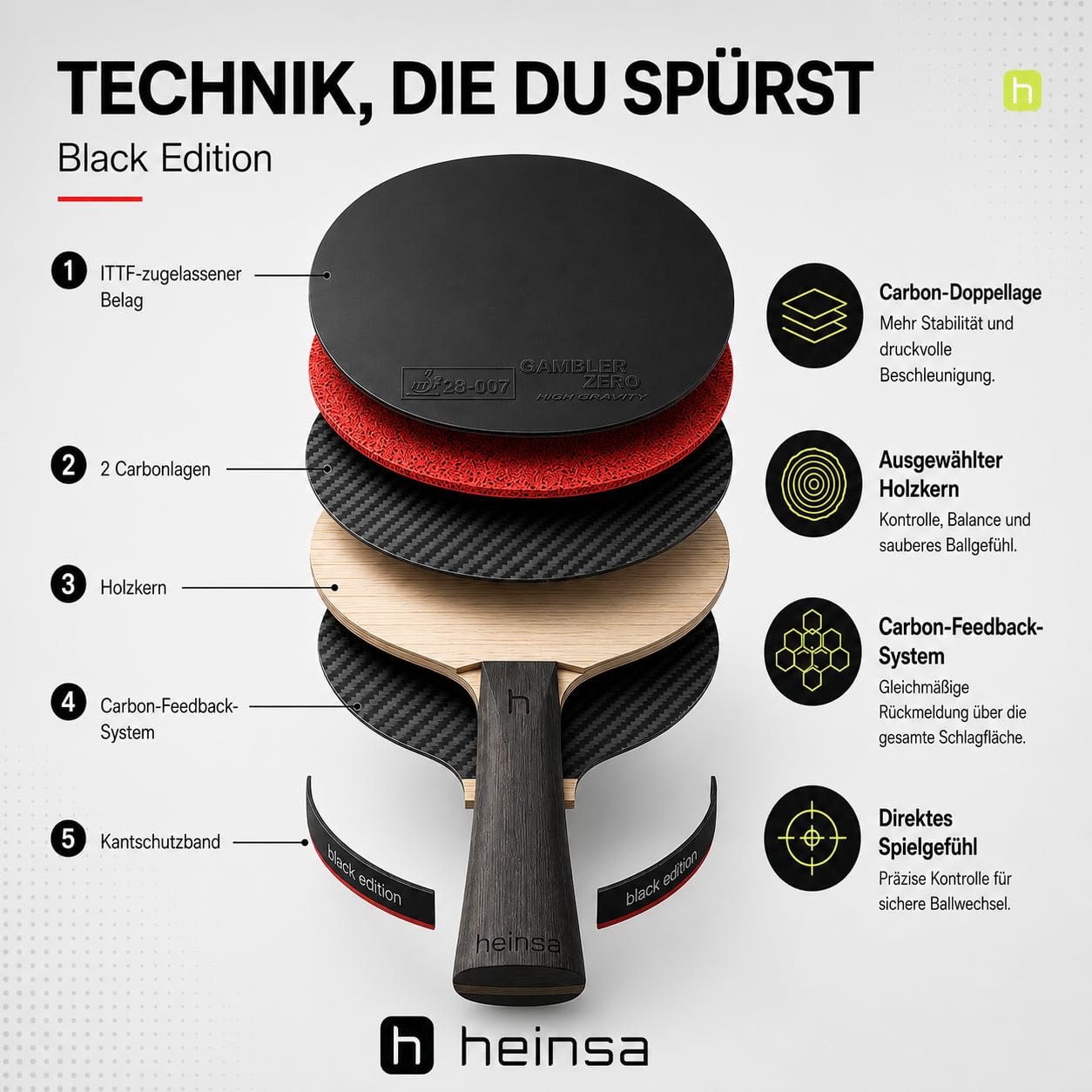 Racchetta da ping pong professionale in carbonio ITTF, approvata Black Edition in noce chiaro, con confezione premium e palline
