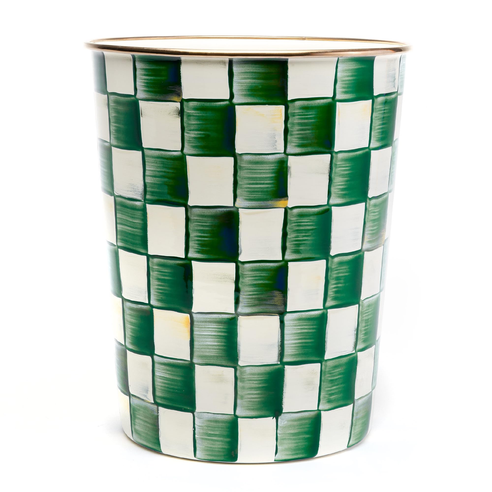 MACKENZIE-CHILDS Trash Can Decorative Bedroom Trash Can for Bathroom, Green and White Emerald Check