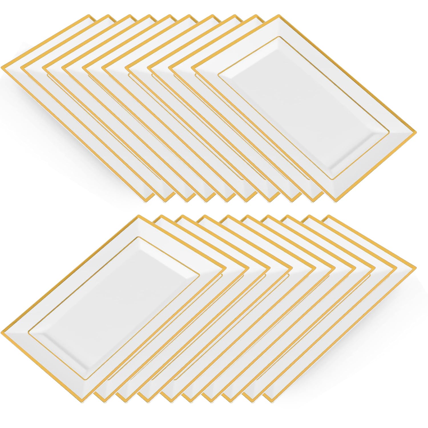 Cobenga 20 Stück wiederverwendbare Serviertabletts, dicke Plastikplatten für Partyessen, 33 x 20 cm große Servierplatten mit Goldrand, rechteckige Servierplatten für Geburtstage, Hochzeiten und Abschl
