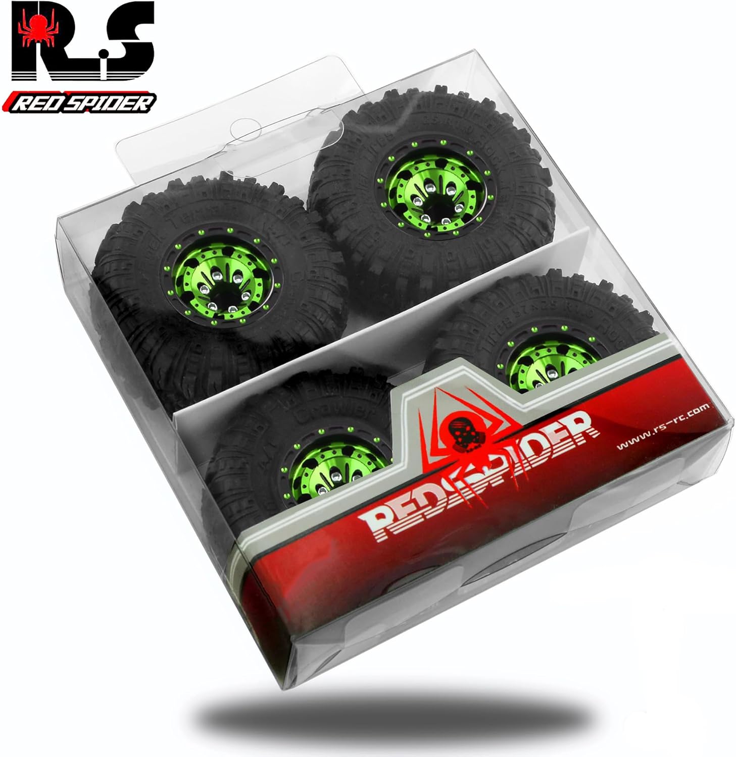 REDSPIDER （4pcs） 1.0 beadlock Wheels and Tires，1.0 Tires Set Has Super Soft Stickiness，Wheel hub Colors Available. 1.0 Crawler Tires for TRX4M Axial AX24 SCX24 FCX24 1/18 1/24 RC Crawler Car (Green)