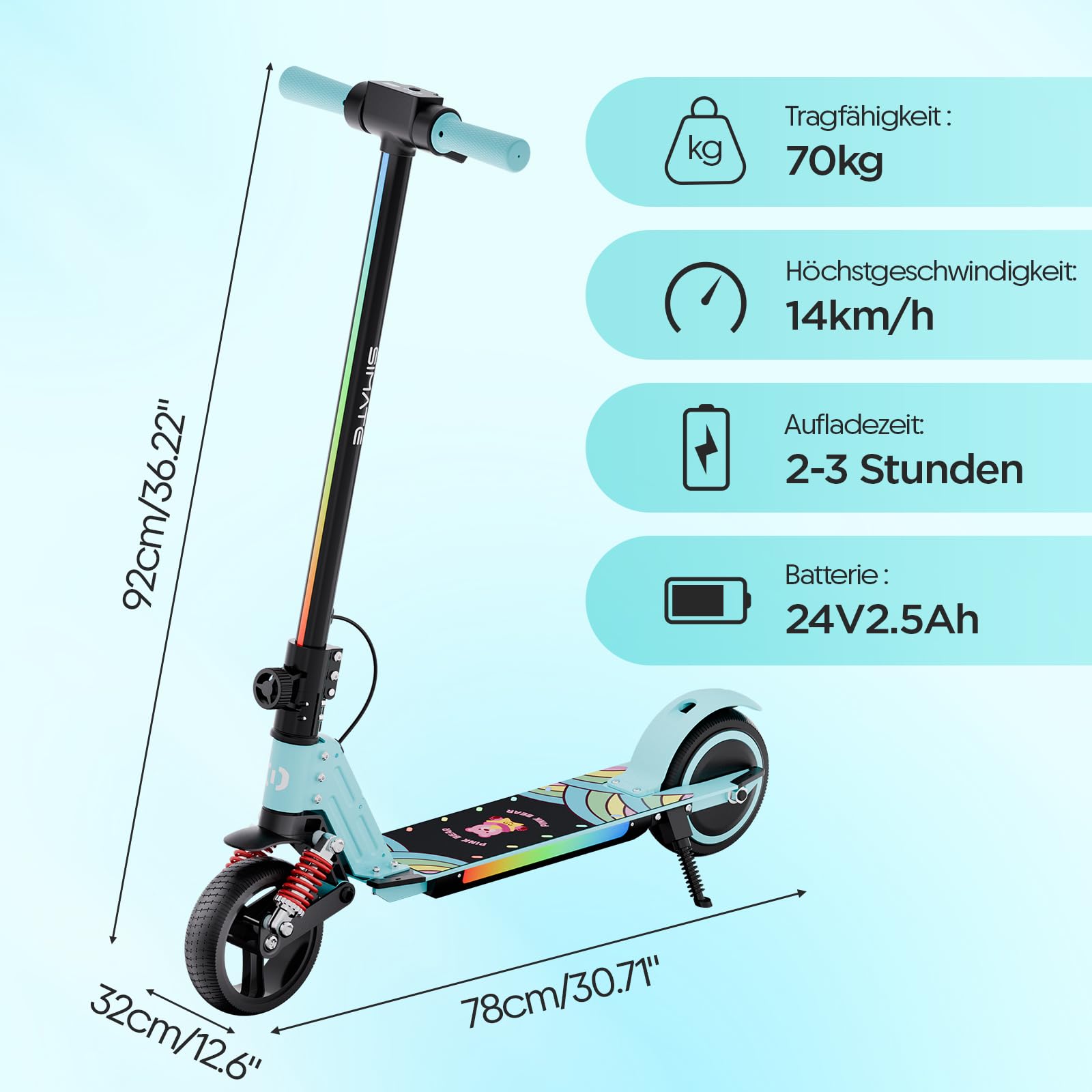 S5 Patín Eléctrico para Niños, Scooter Eléctrico Plegable con Luz LED, Llantas Todo Terreno de 6,5", Velocidad Máx. 14 km/h, para 6-14 Años, Azul Cielo