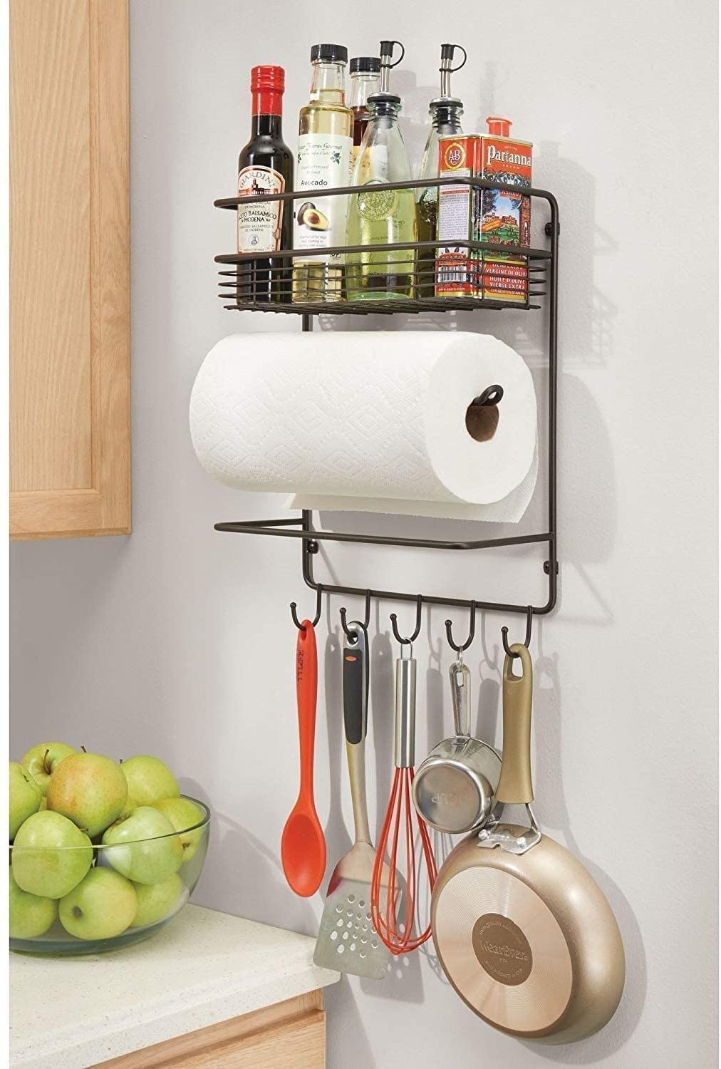 Craft Expertise Iron Wall Mounted Paper Towel Holder with Storage Shelf and Hooks for Kitchen,Tissue Holds Spices, Black-image-45