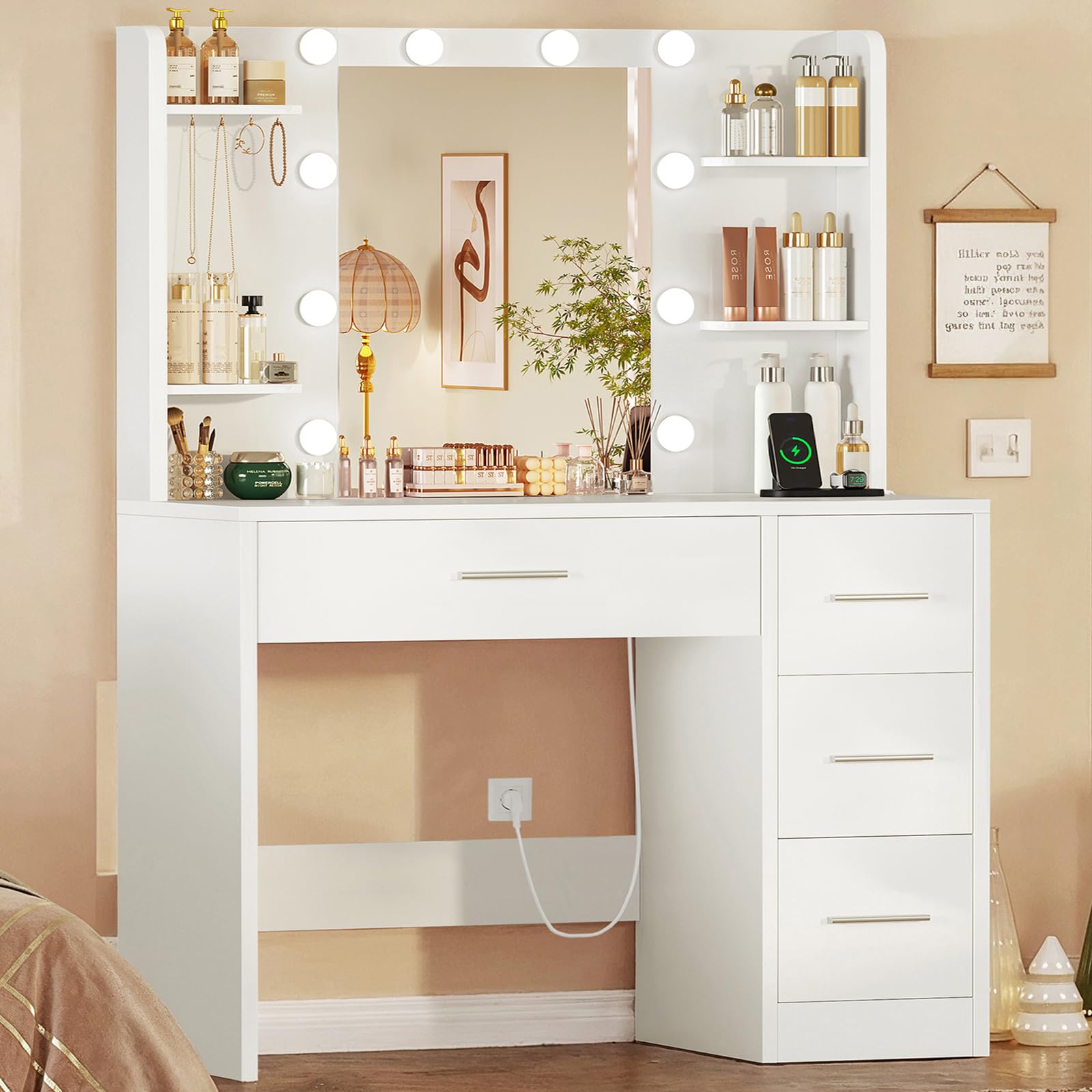 Tocador, Tocador de Maquillaje con Luces y Espejo, Mesa de Maquillaje con Toma de Corriente, Mesa de Maquillaje con 4 Cajones, 4 Estantes Abiertos, 5 Ganchos de Joyería para, Blanco