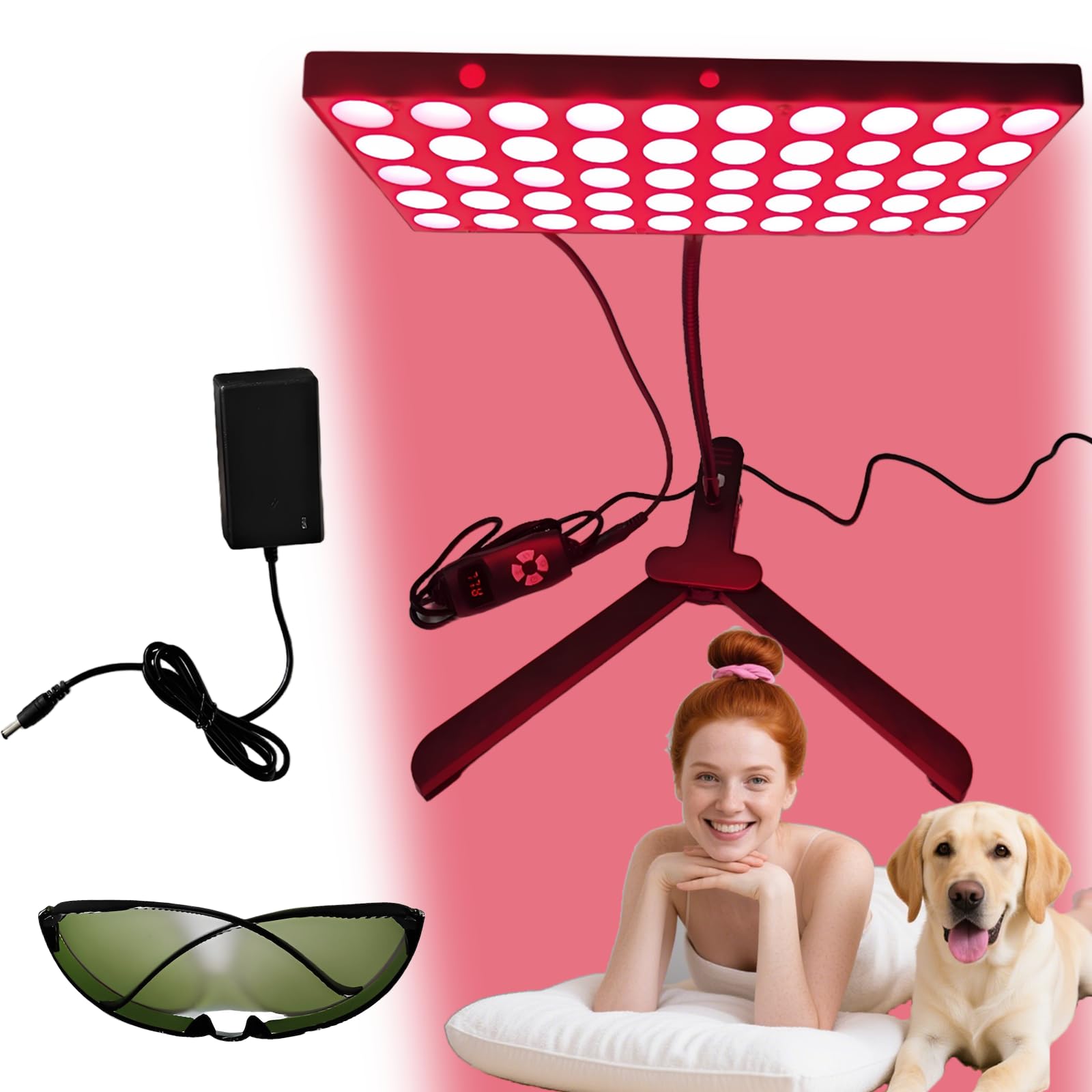 Lampe de luminothérapie infrarouge portable à pince, 100 LED 660 nm et 850 nm, 30 W, 5 niveaux de luminosité, col de cygne et angle réglables, minuterie et protection des yeux pour le visage et le