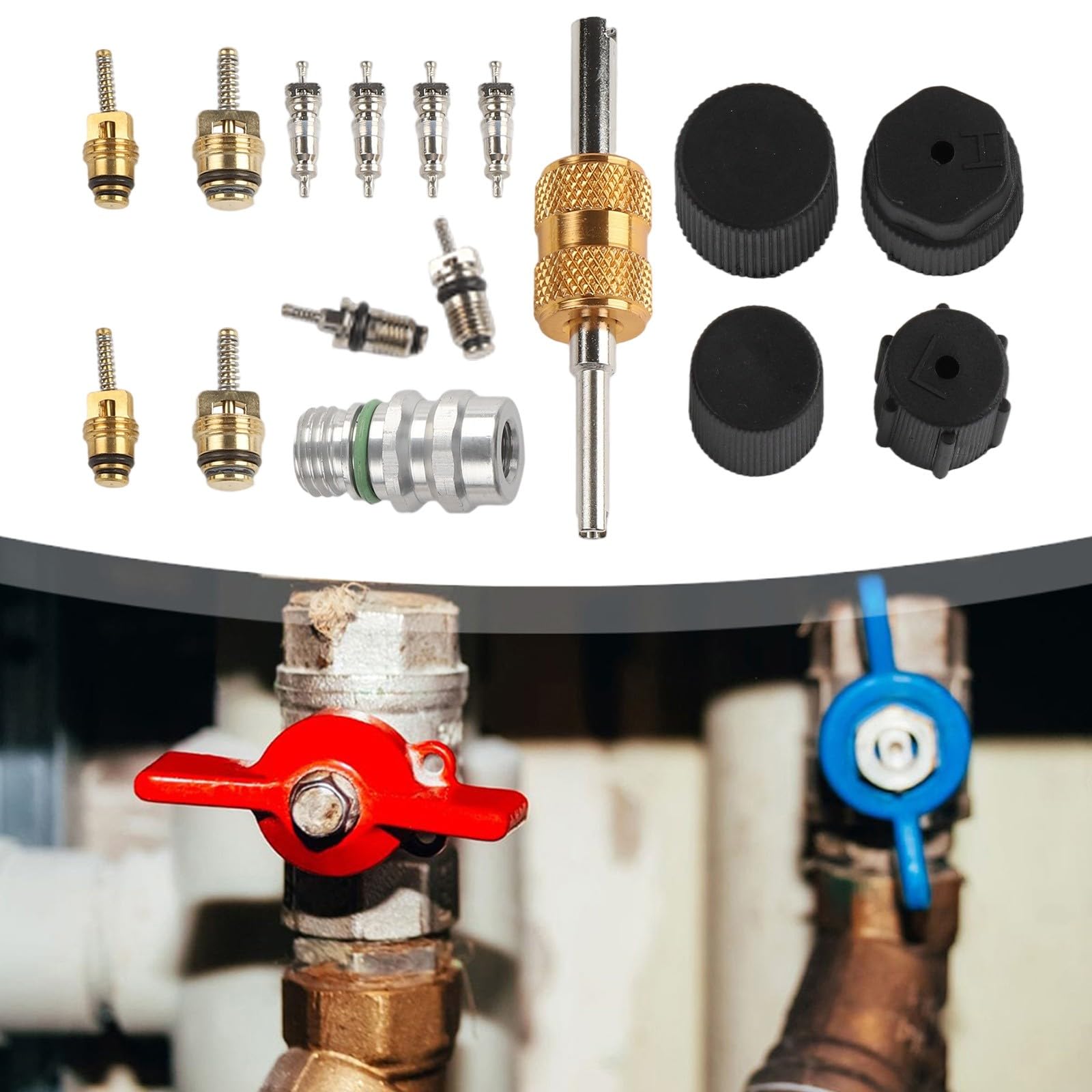 Kit nucleo valvola CA in ottone per R12 per refrigerazione R134a, nucleo stelo valvola aria condizionata con rimozione a doppia testa e polvere