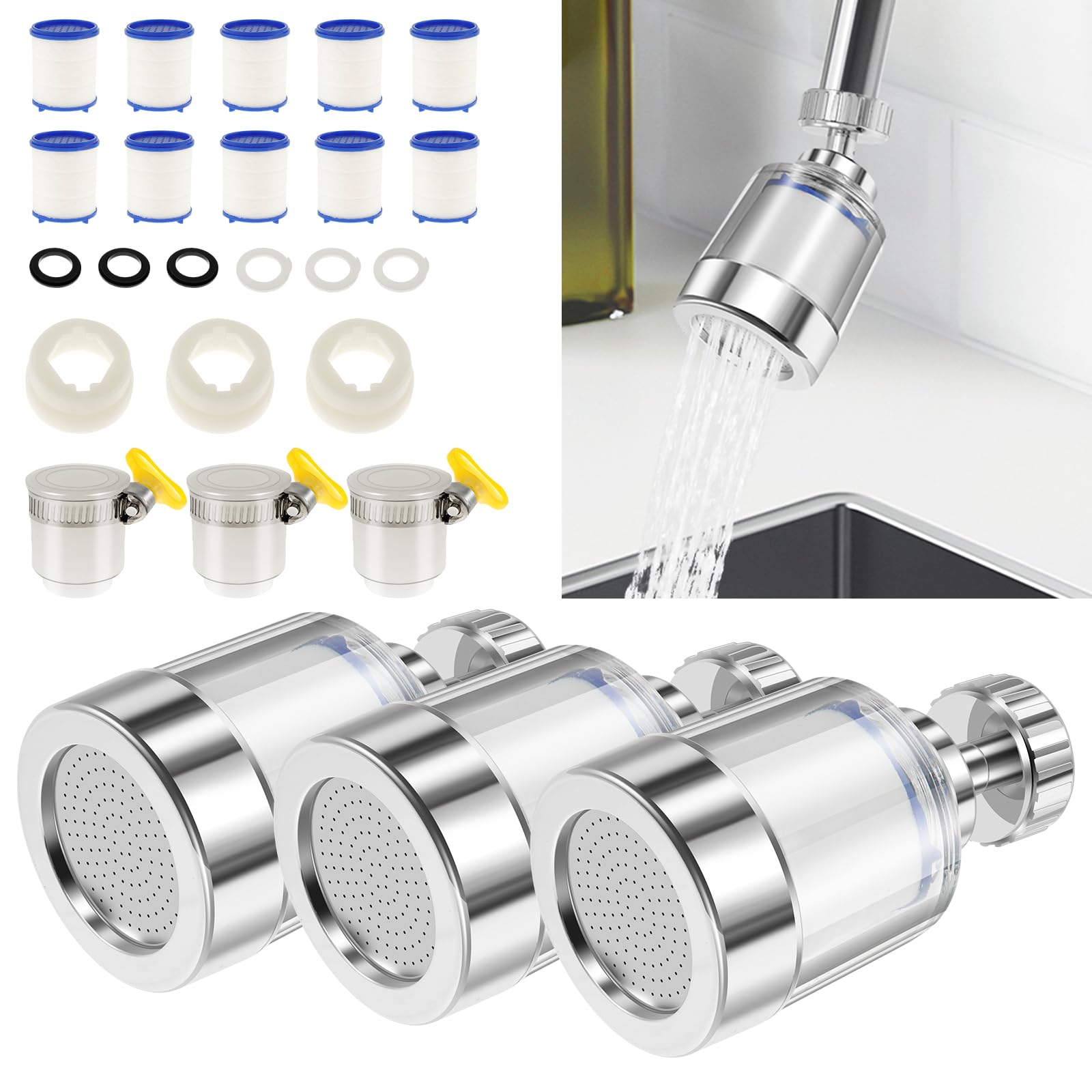 3 Pcs Sink Filter Water Faucet, Universal 360 ° Rotating Bathroom Sink Filter, Faucet Filter Purifier, Versatile Kitchen Faucet Water Filter for Removing Lead Sediments Heavy Metals Hard Water