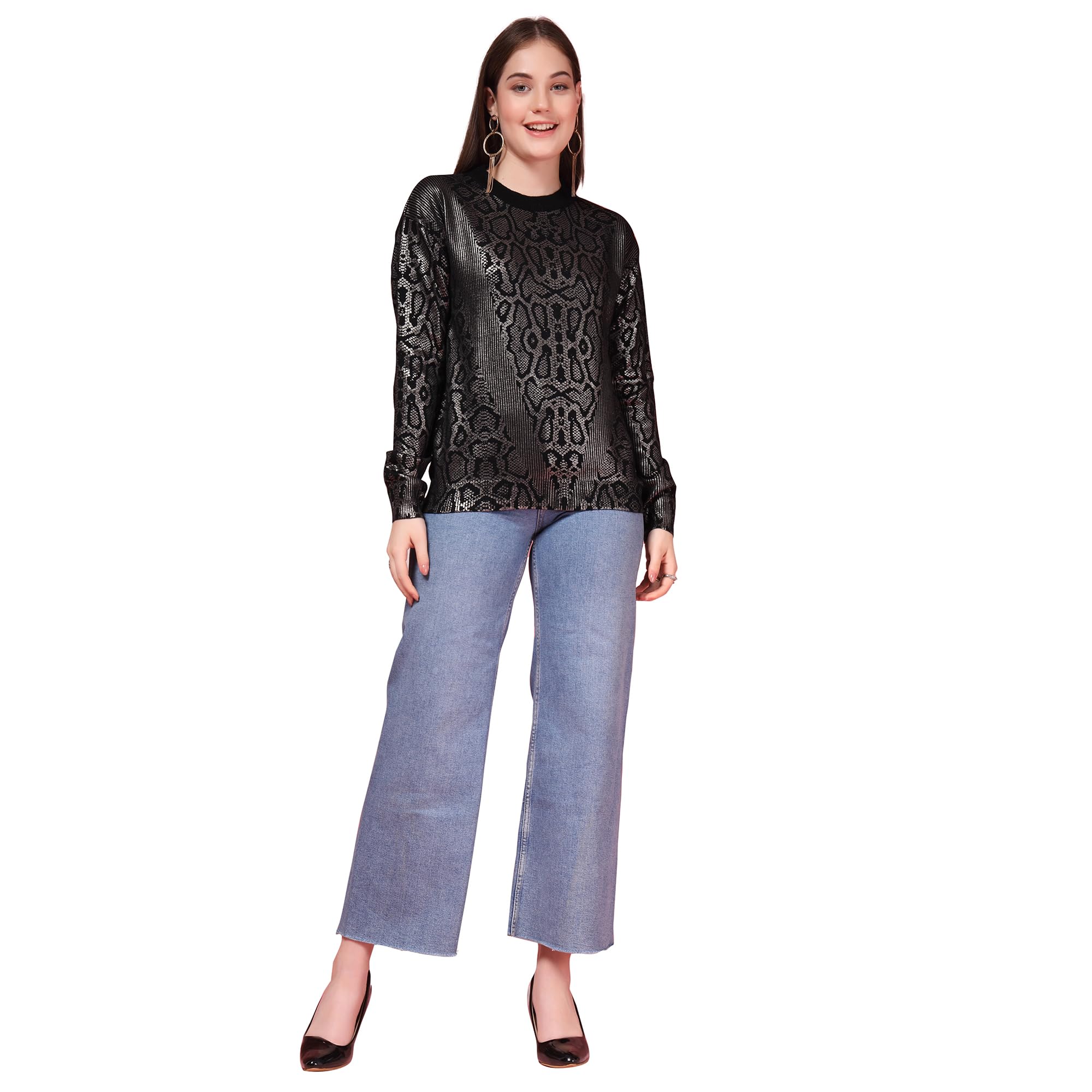 thirty threads Women Animal Skin Printed Round Neck Woollen Pullover Sweater Black_T5W 25201-picture-30
