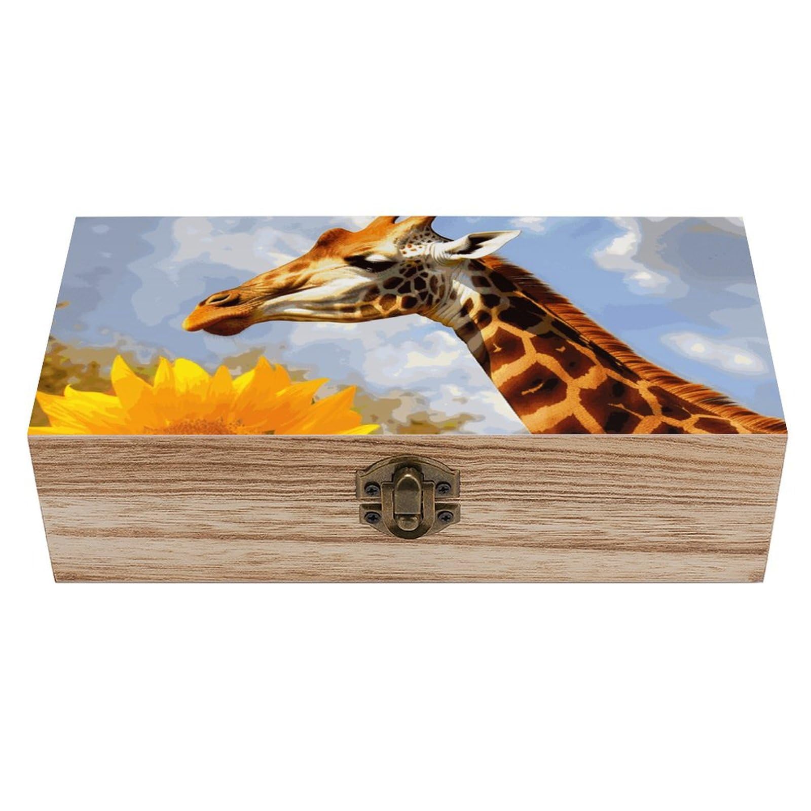 SMAZDFXX Giraffe And Sunflower Wooden Storage Box Acacia Storage Case with Hinged Lid Large Jewelry Storage Case Memory Vintage Treasure Chest