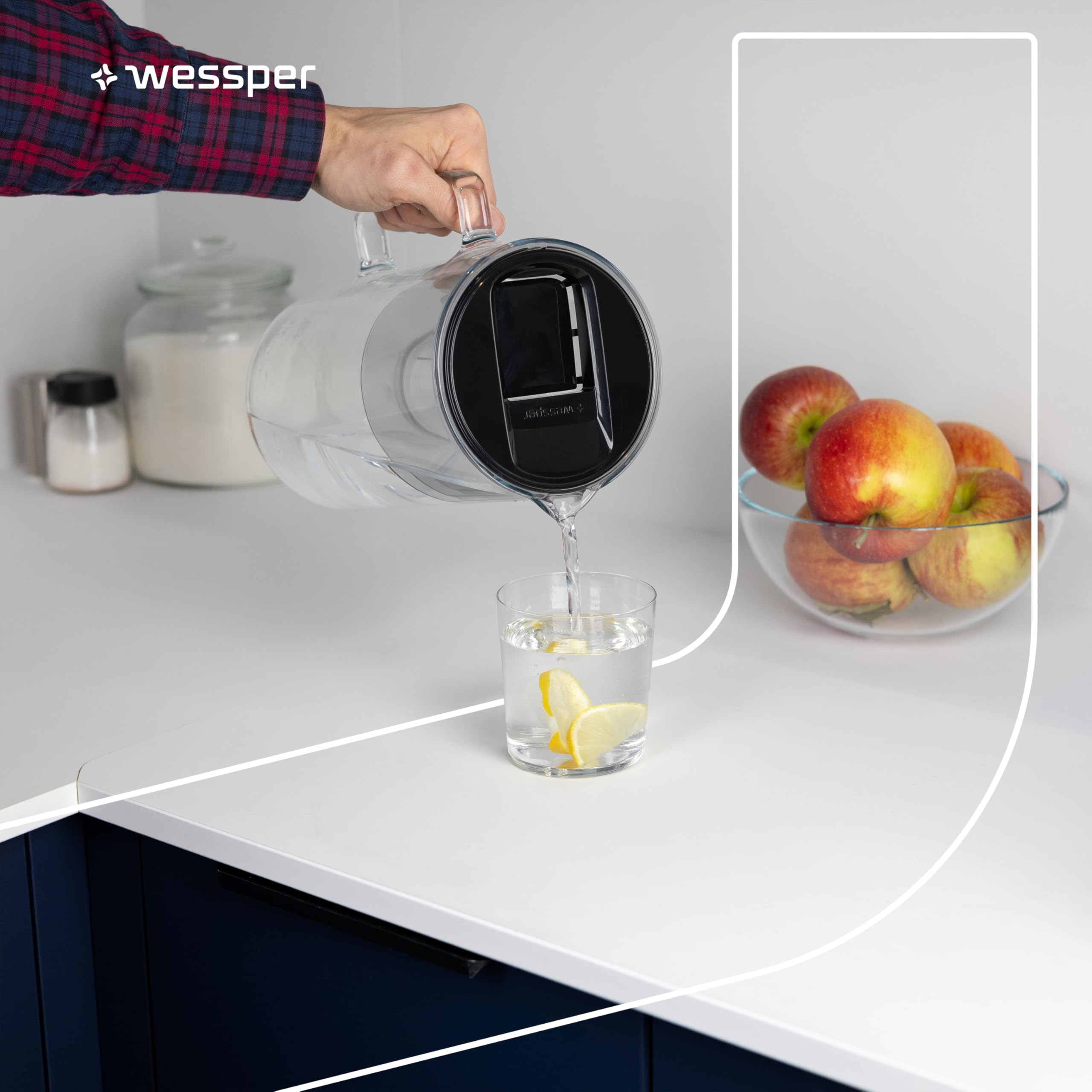 Wessper WES202 Crystalline dzbanek filtrujący 2,5 l, karafka na wodę, zestaw ze szkła z 2 filtrami do wody AQUA CLASSIC, kompatybilny z Brita Classic, Dafi Classic, czarny