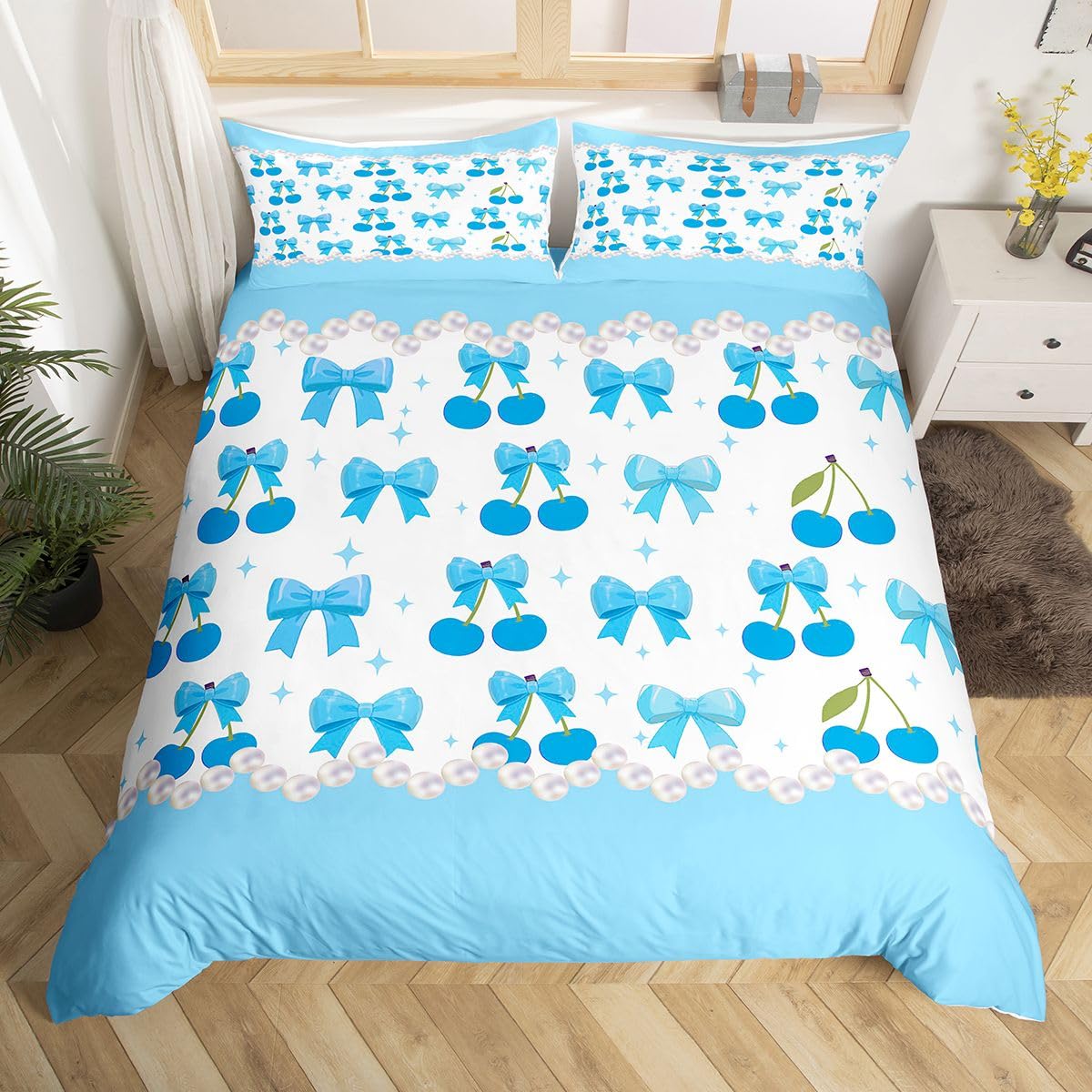 Loussiesd Urocza poszewka na kołdrę z kokardą w kształcie wiśni podwójny rozmiar kokardka poszewka na kołdrę dla chłopców dziewcząt kawaii muszka zestaw pościeli 3 szt. dekoracja pokoju księżniczki