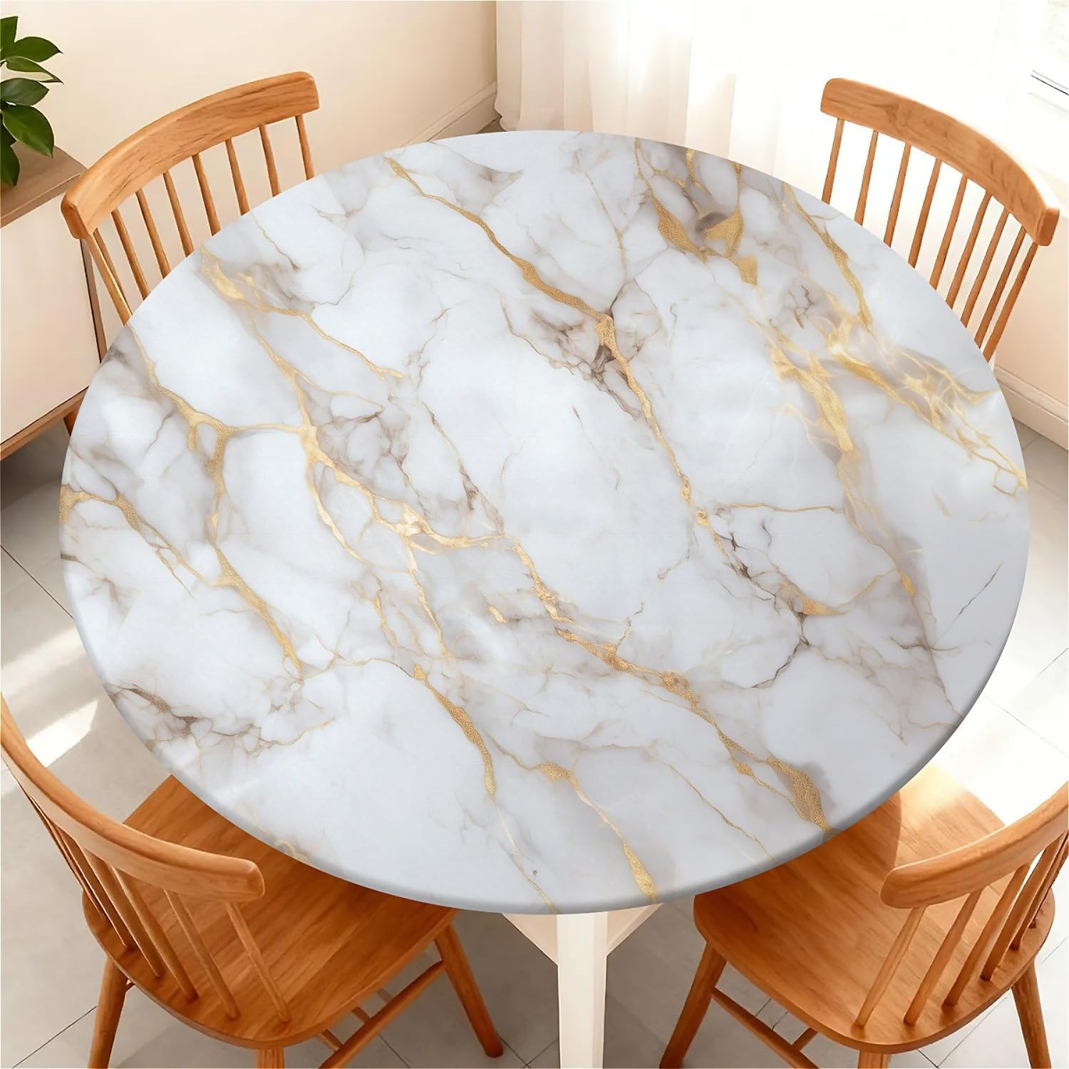 Photo 1 of Round Fitted Tablecloth with Elastic Edge, Waterproof Stain Resistant Fabric Table Cover for 53"-60" Round Table, Indoor Outdoor Dining, Kitchen Decor, Camping, Party, Holiday, Gold White Marble