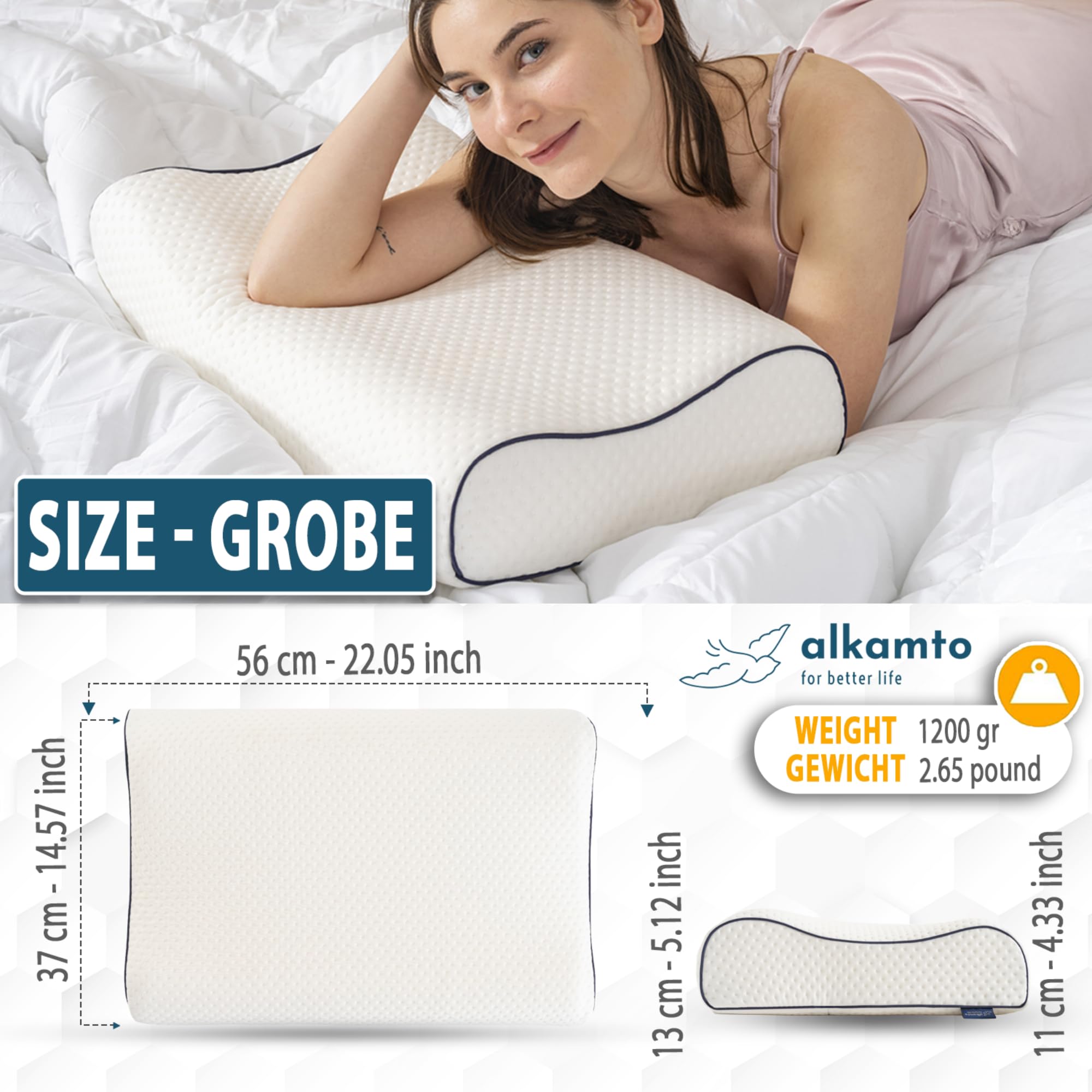 alkamto Cuscino da viaggio + cuscino da viaggio per il collo, supporto ergonomico per il collo, cuscino da campeggio in memory foam con federa termoregolante - Borsa da viaggio impermeabile inclusa