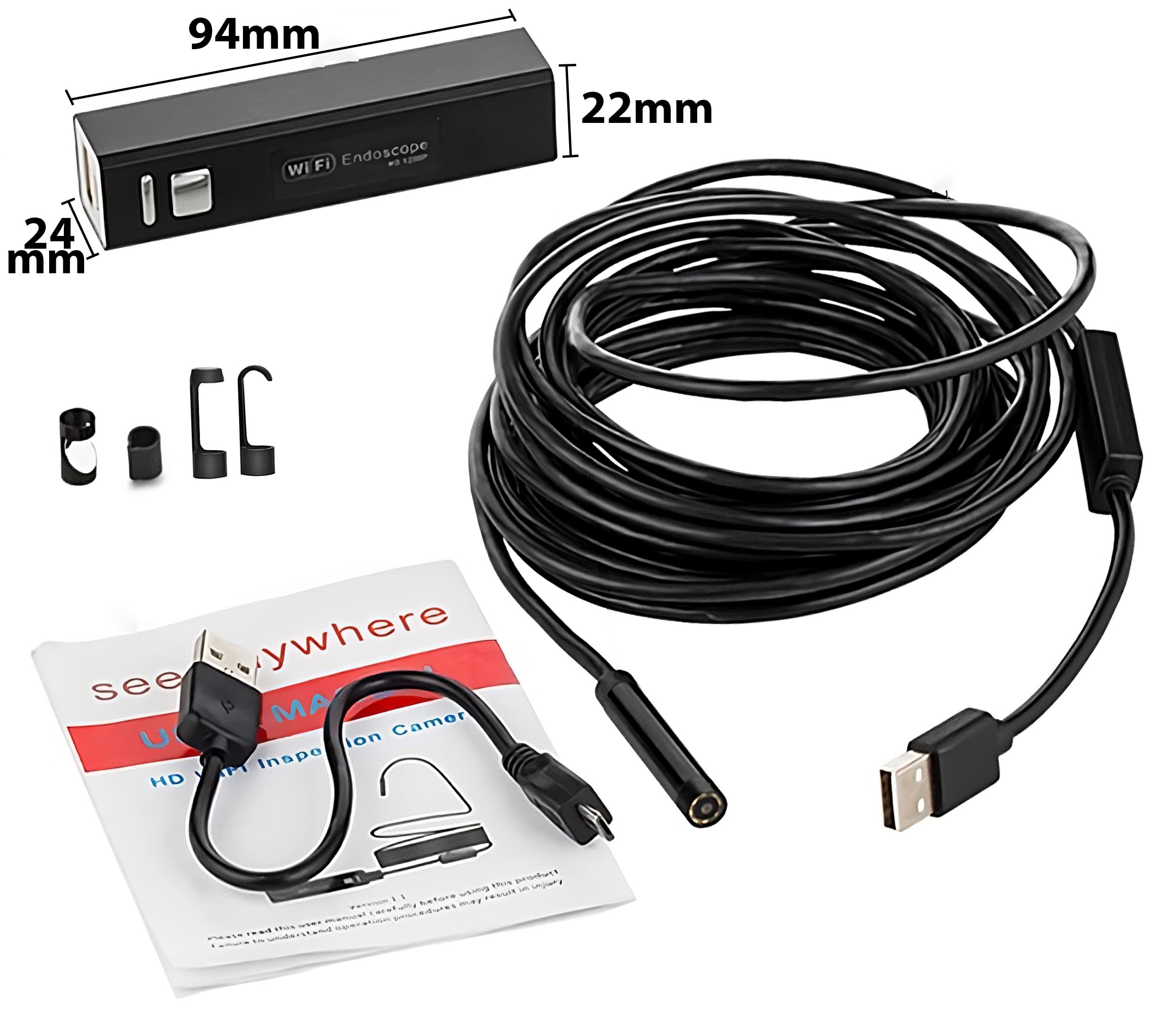 Retoo Kamera endoskopowa z magnesem 5m, 720p HD, 1600x1200px WiFi, akumulator 600mAh, IP68, haczyk, do telefonu komórkowego kamera inspekcyjna z oświetleniem LED do systemu Android OS PC, Tablet