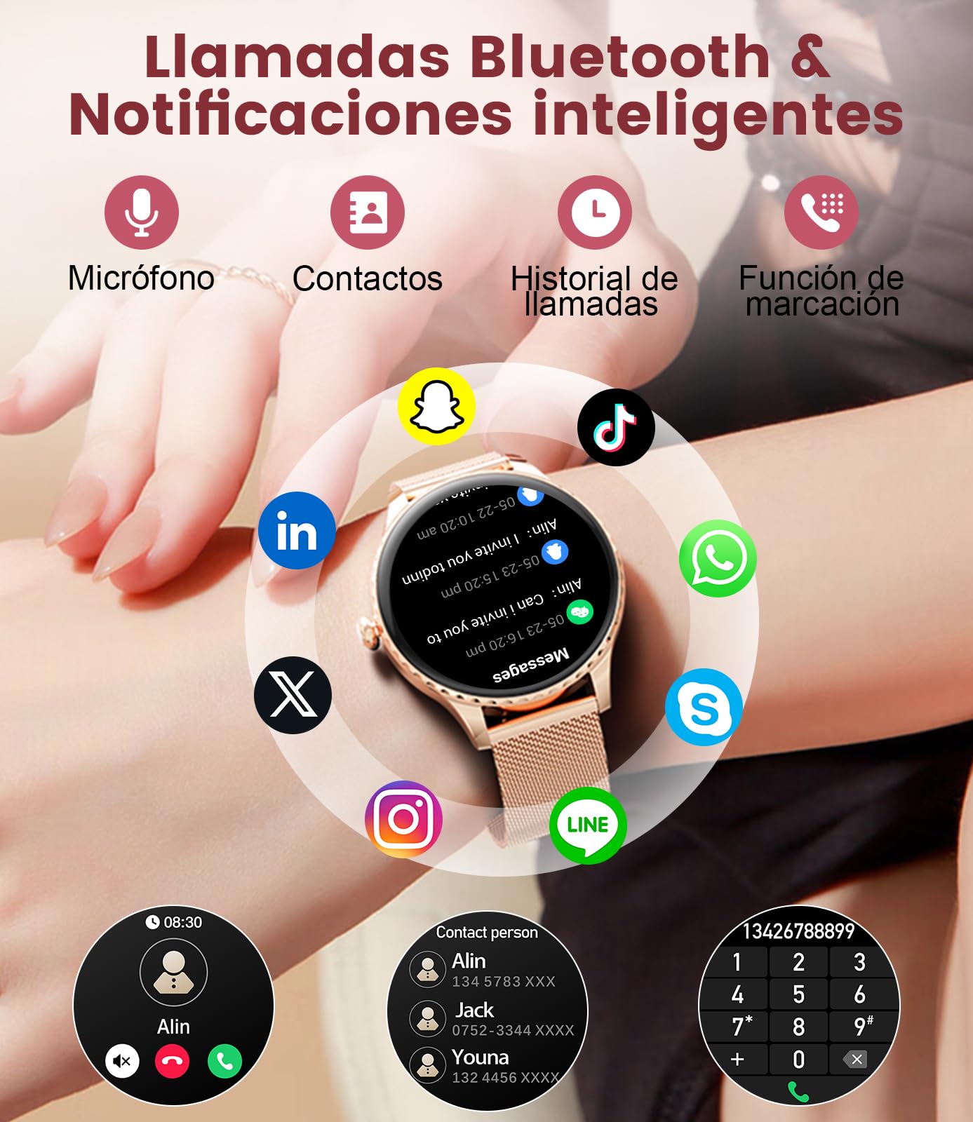 Reloj Inteligente Mujer Redondo,1.32"Amoled/Llamadas Bluetooth,SmartWatch Mujer con Función Femenina/Monitor de Sueño/24H Pulsometro,110+ Deportes/IP68 para iOS Android (Malla de oro rosa)
