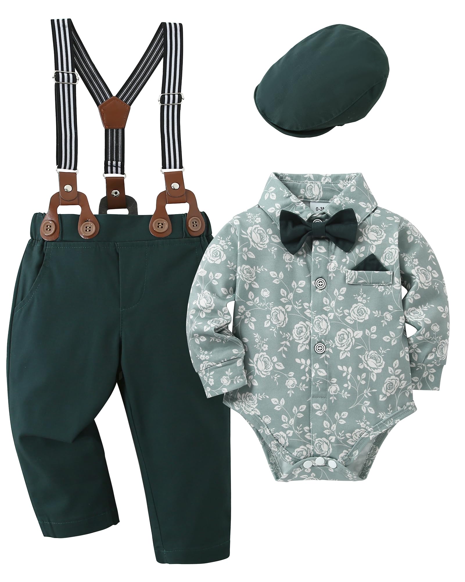 YALLETBaby Boy Clothes Set Infant Tuxedo Long Sleeve Gentleman Suit Outfits + Beret Hat + Suspender Pants + Bowtie 0-18M
