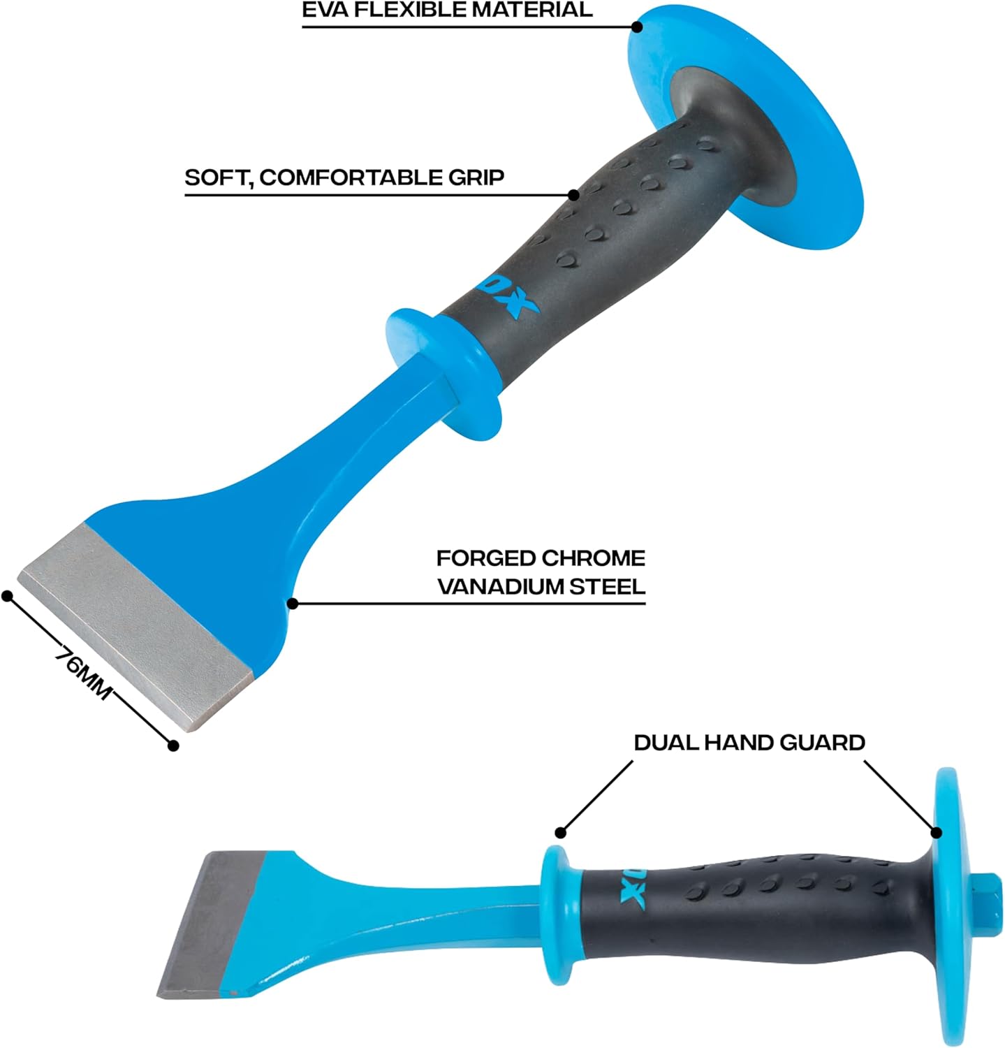OX Tools 3" Floor/Brick Chisel with rubber overmolded hand guard