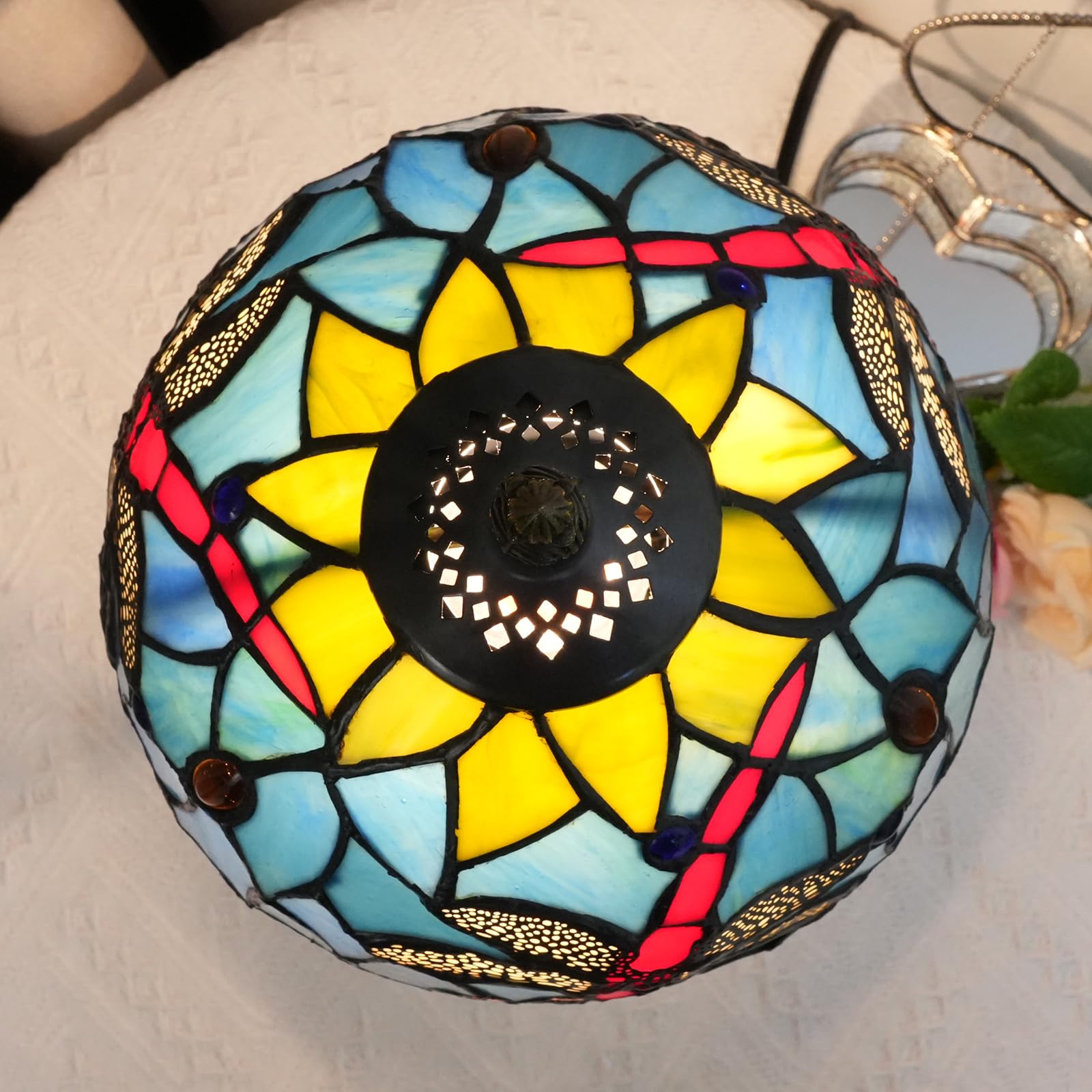 Lampada Tiffany di Vetro Colorato Fiore di Loto Dragonfly - Lampada da Tavolo per Soggiorno e Camera da Letto - Comodino Blu Piccolo - Luce Notturna Carina per Bambini